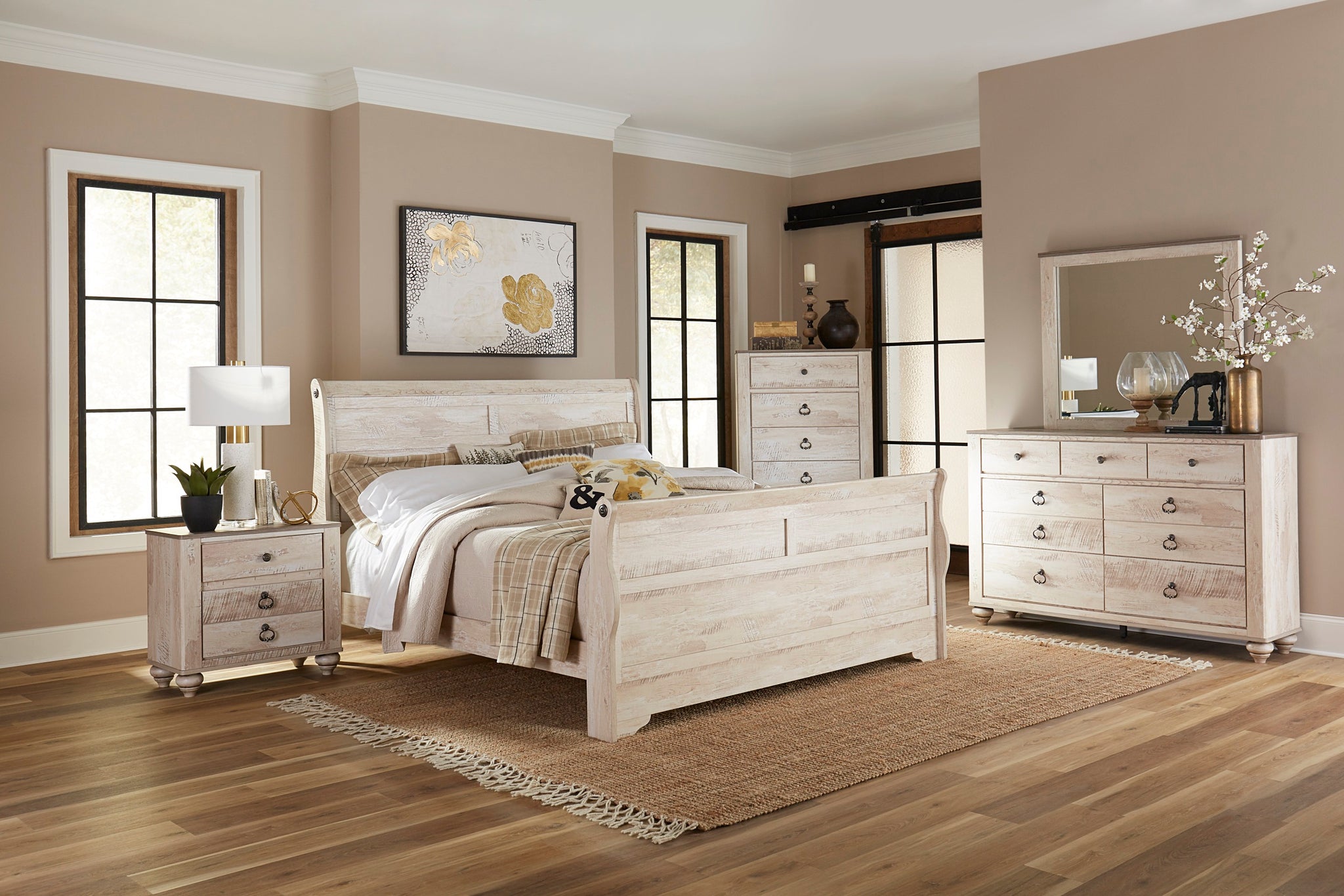 Imerland Contemporary White Wash Finish Bedroom Set With King Sleigh Bed, Dresser, Mirror, Two Nightstands, Chest Box Spring Required King Walnut Brown Wood Light Brown 6 Piece Set Bedroom Bed Included,Chest Included,Dresser Included,Mirror