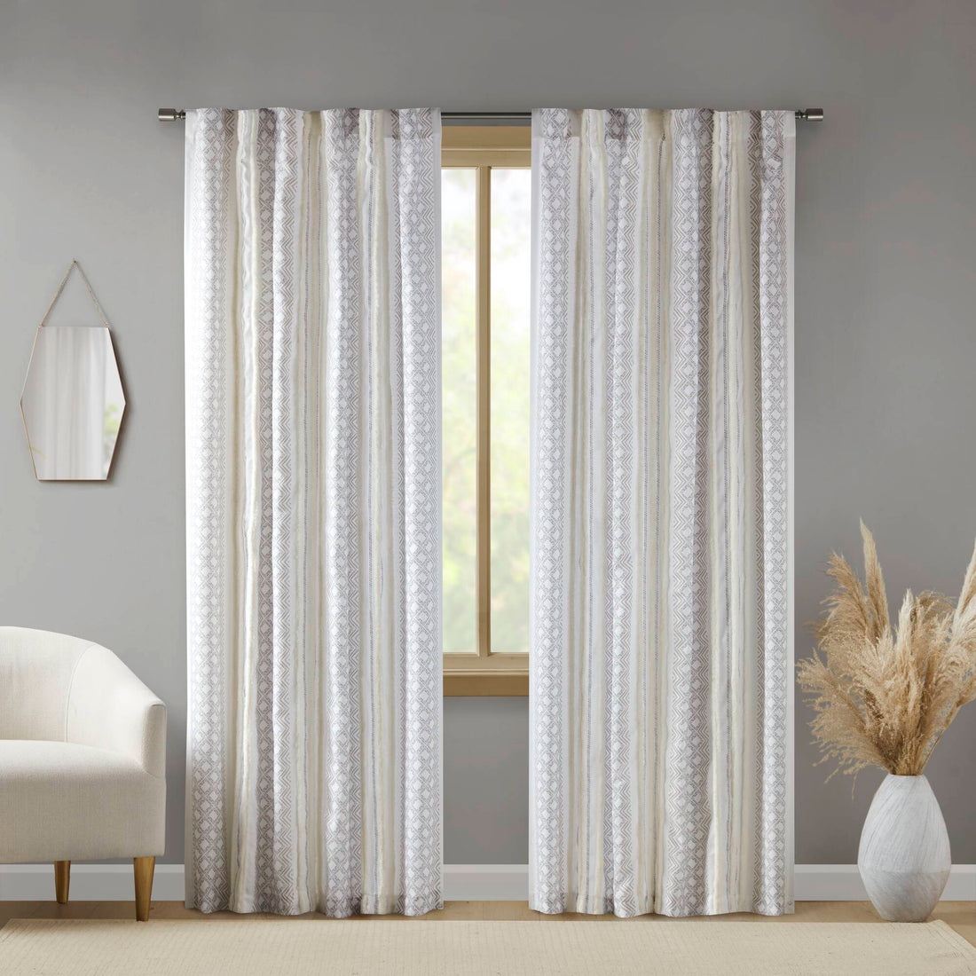 2Pk Poly Printed Curtain Panel With Tufted Stripe White Taupe 2 Pk 50X84" Multicolor Polyester
