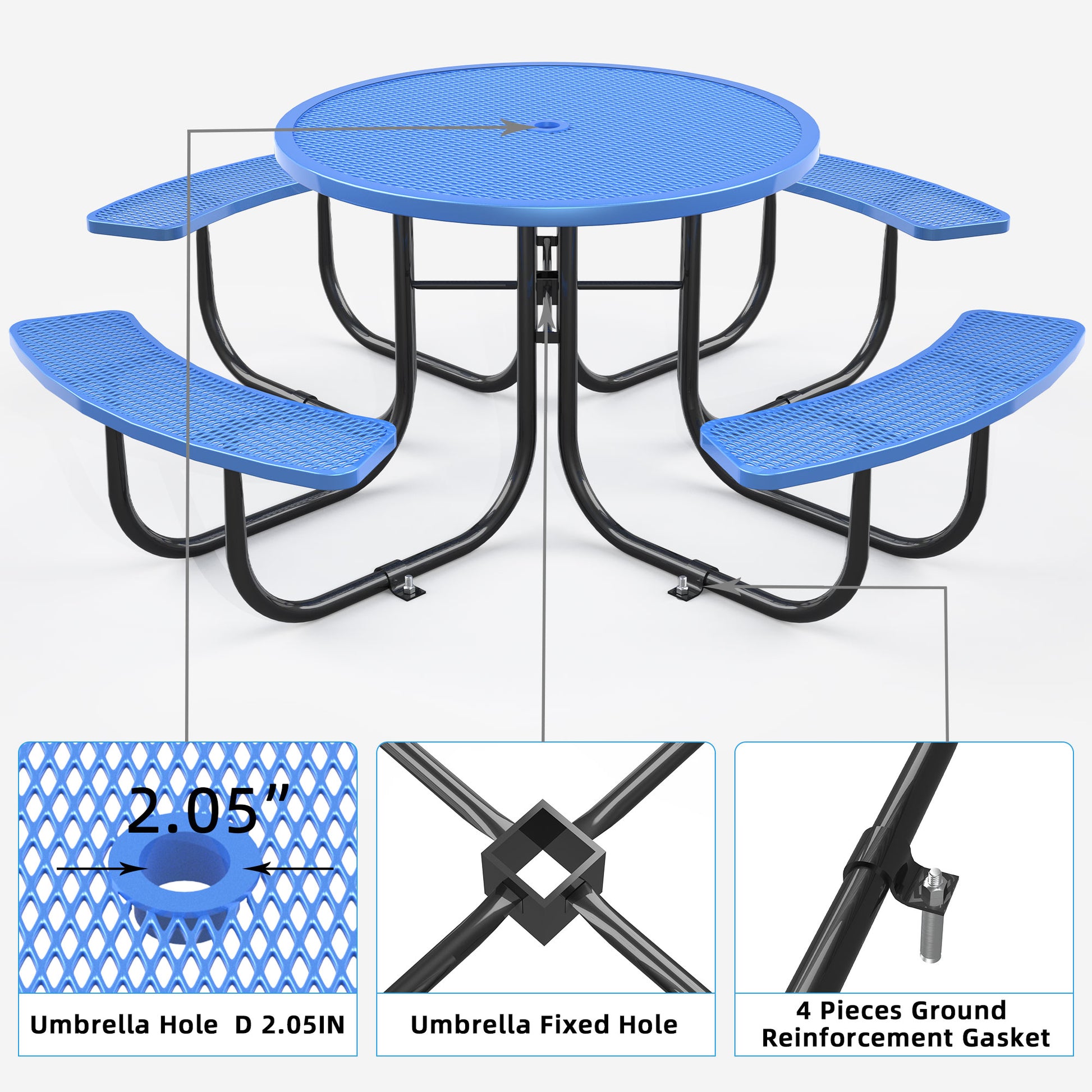 46 inch round patio table cover with umbrella opening Round Outdoor Steel Picnic Table 46" With Umbrella Pole,Blue Blue Stee