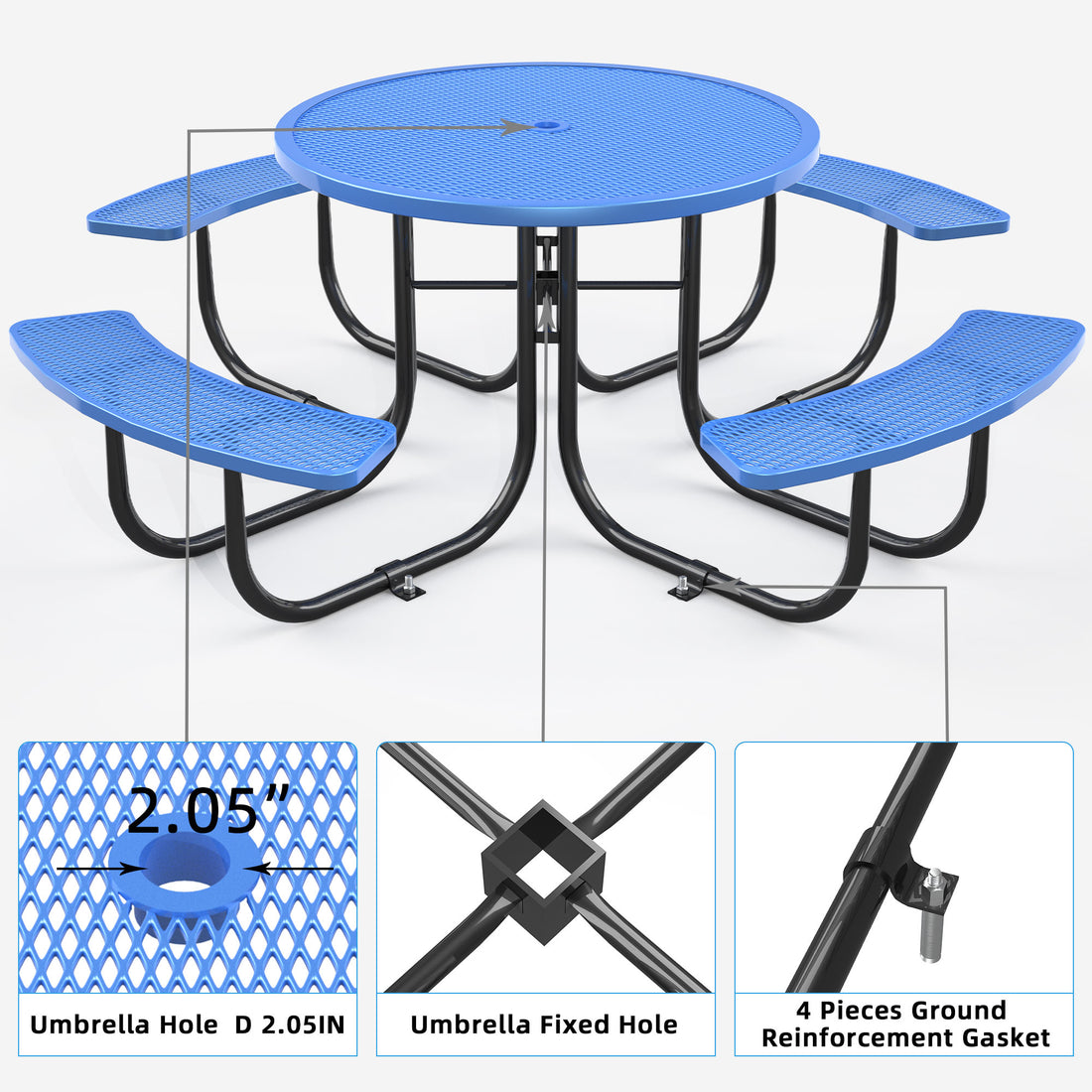 Round Outdoor Steel Picnic Table 46" With Umbrella Pole,Blue Blue Steel Steel