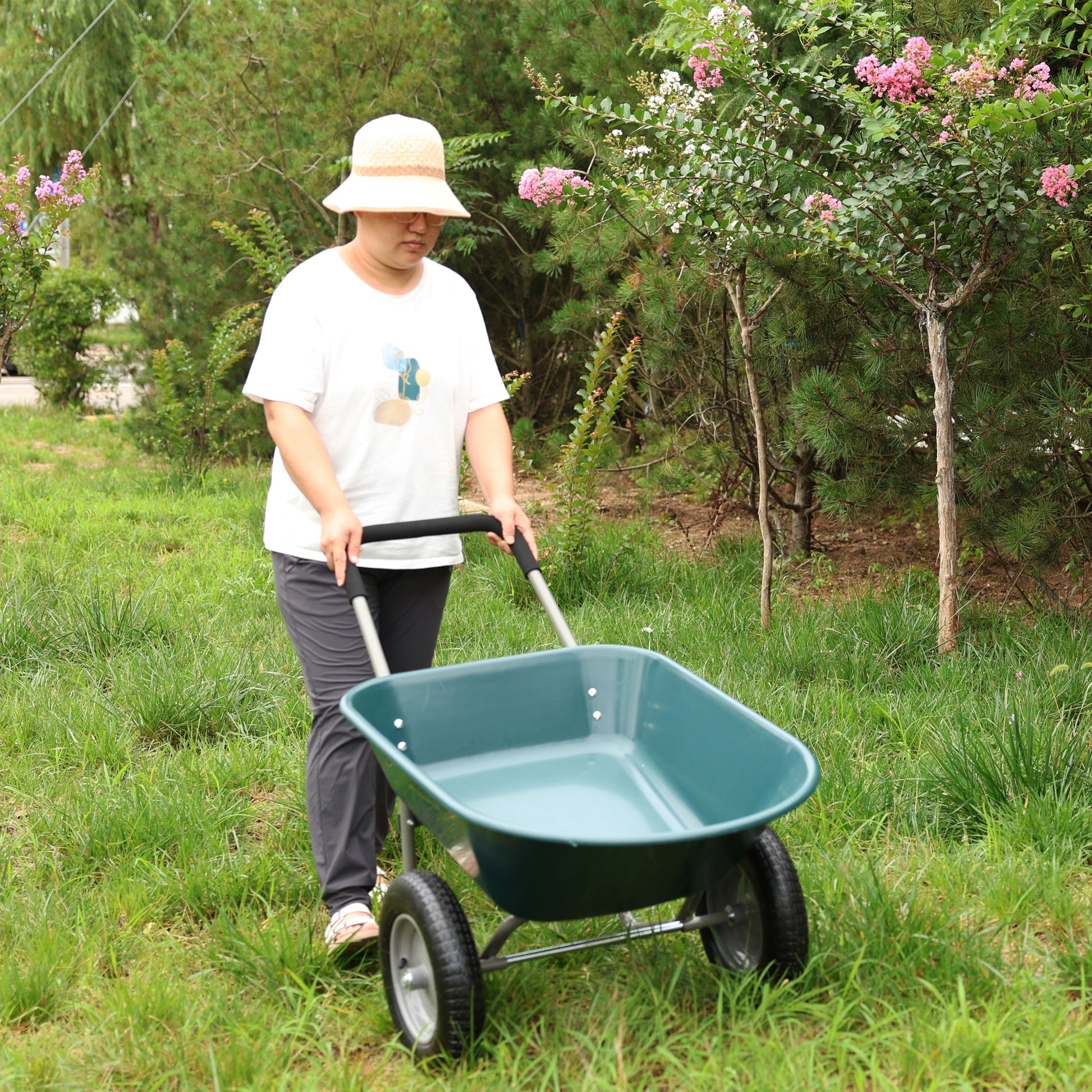 Wheel Barrow Two Wheeled Trolley For Green Garden 15 Inch Pneumatic Wheel Wb1001Gn Green Abs Steel Q235