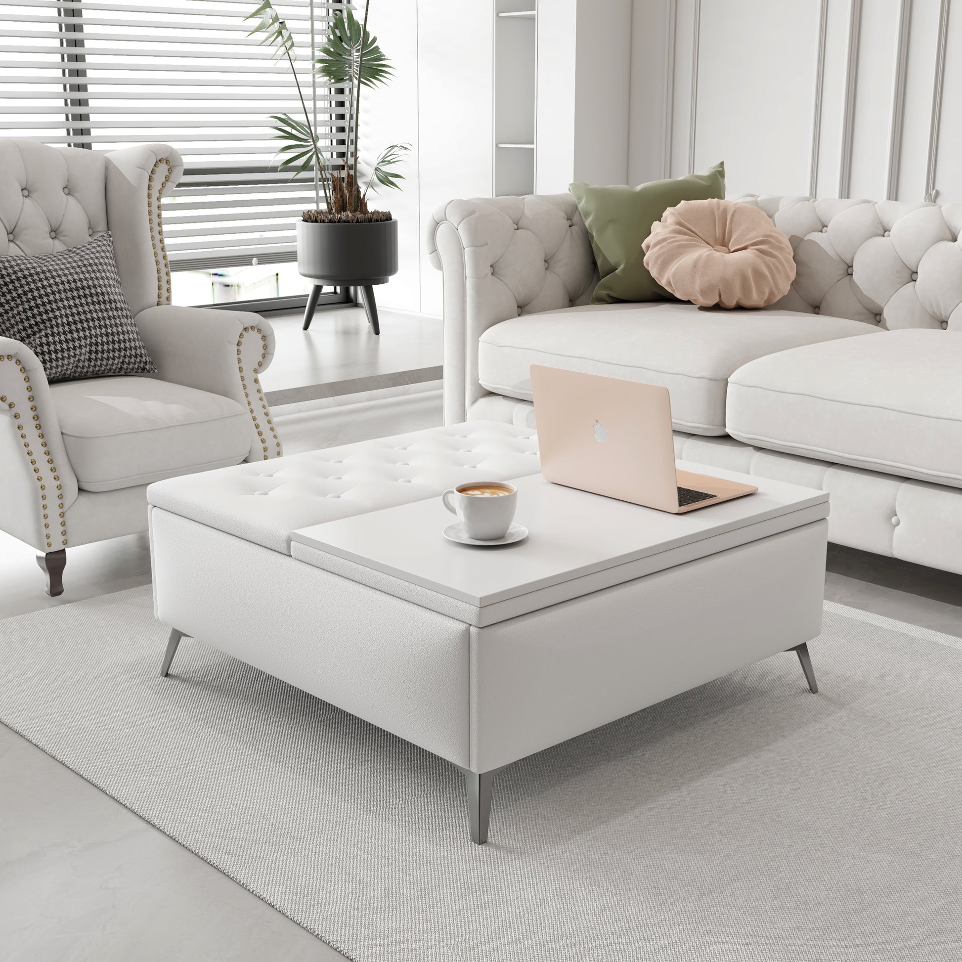 35 Inch Wide Square Storage Benches Coffee Table With Lift Top Oversized Storage Ottoman In Upholstered For Living Room White Gray Primary Living Space Rubberwood Wood Linen