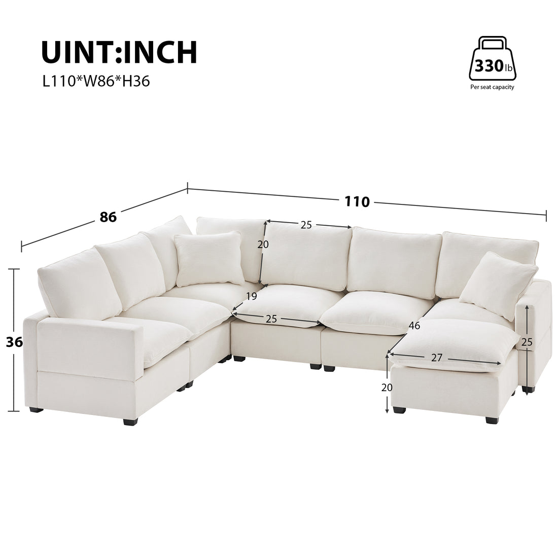 110*84" Modern U Shape Modular Sofa, 7 Seat Chenille Sectional Couch Set With 2 Pillows Included, Freely Combinable Indoor Funiture For Living Room, Apartment, Office, 2 Colors White Chenille 7 Seat