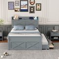 Full Size Wooden Bed With Storage Headboard With Outlets, Extendable Bed With Twin Size Trundle With Three Storage Drawers,Gray Full Gray Wood