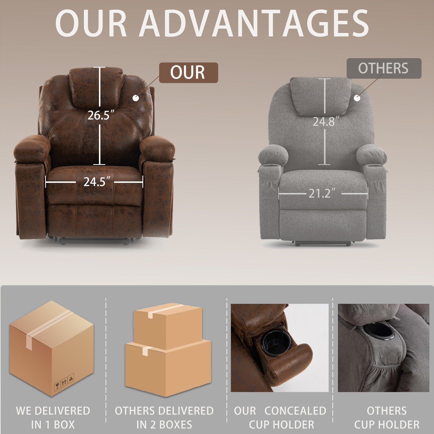 Oversized Single Sofa Armchair With Side Pockets Couches, For Living Room Meeting Room Bedroom Brown Faux Leather 1 Seat