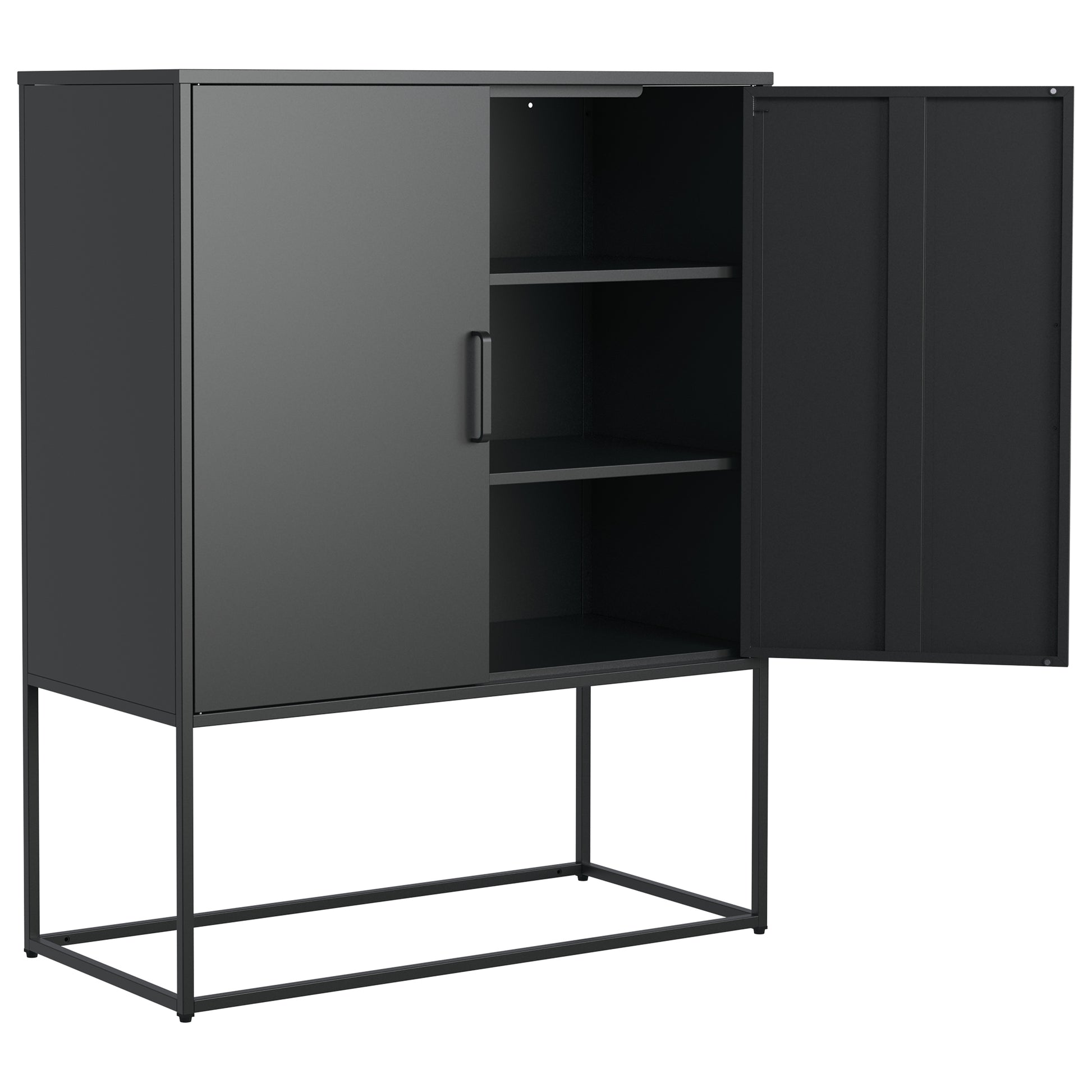 Heavy Duty Metal Buffet Sideboard Modern Steel Storage Cabinet With 2 Shelves, Free Standing Accent Cabinet With Magnetic Doors For Bedroom, Kitchen, And Home Office, Anti Tip Design Easy Assemble Accent Chests 1 2 Shelves Antique Black Primary Living