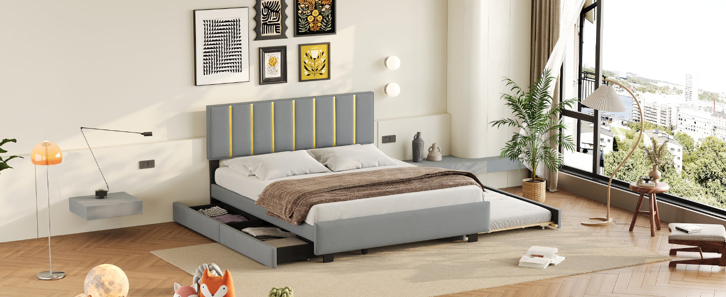 Queen Size Upholstered Platform Bed With 2 Drawers And 1 Trundle, Classic Metal Strip Headboard Design, Grey Queen Gray Mdf Lvl