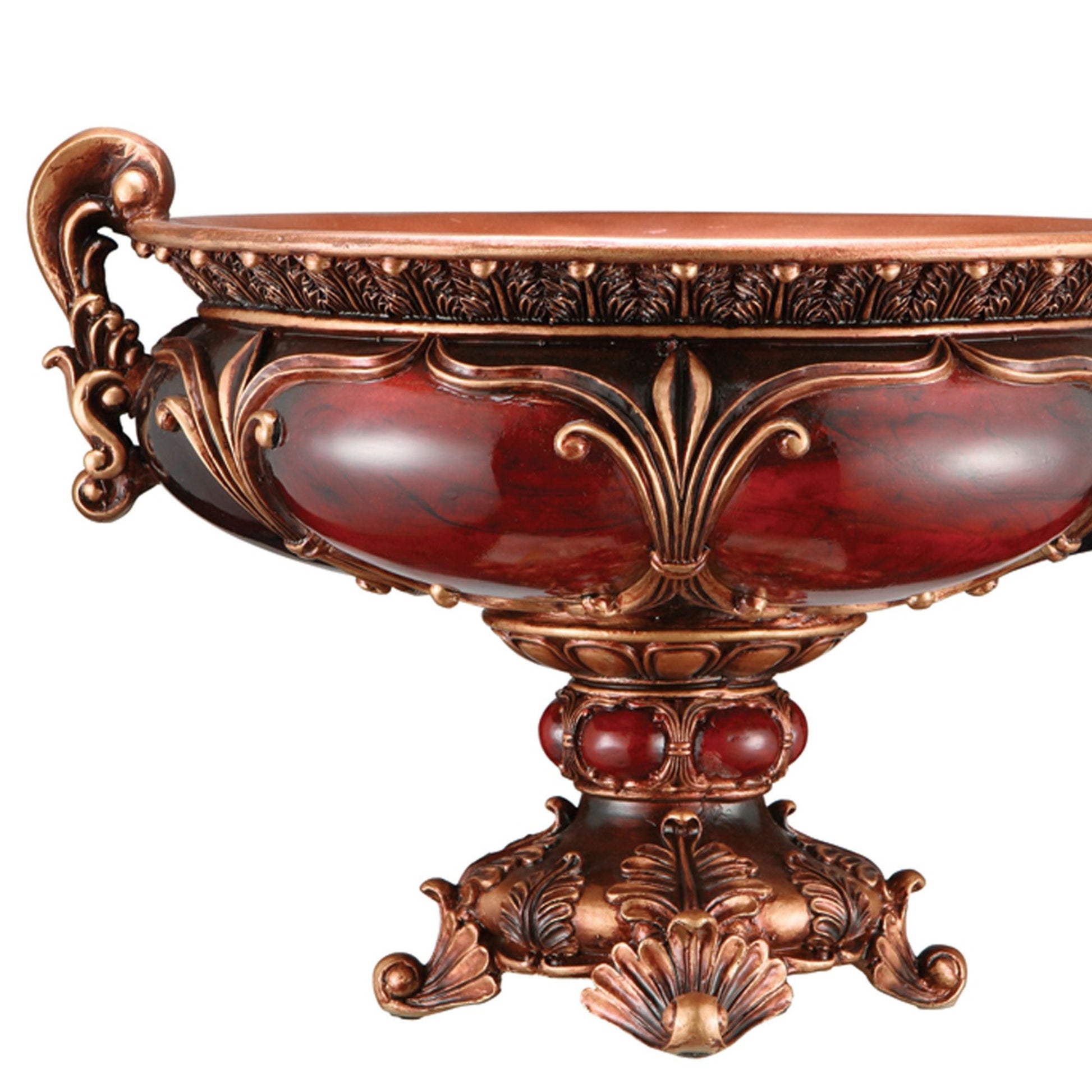 10" Tall Polyresin Decorative Fruit Bowl, Victorian Style Red Polyresin