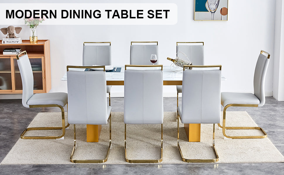 Table And Chair Set.Large Modern Rectangular Table With 0.4 Inch Patterned Glass Tabletop And Large Mdf Table Legs.Comes With 8 Chairs With Faux Leather Cushioned Seats And Golden Metal Legs. Gold White Seats 8 Mdf Glass