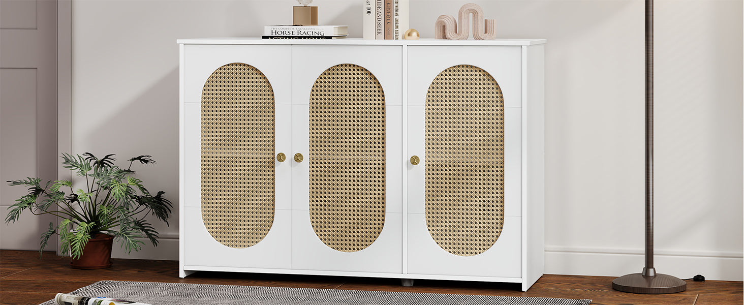 Retro 3 Door Sideboard With Large Storage Space Artificial Rattan Doors And Metal Handles, Accent Cabinet For Living Room And Hallway White White Particle Board Mdf