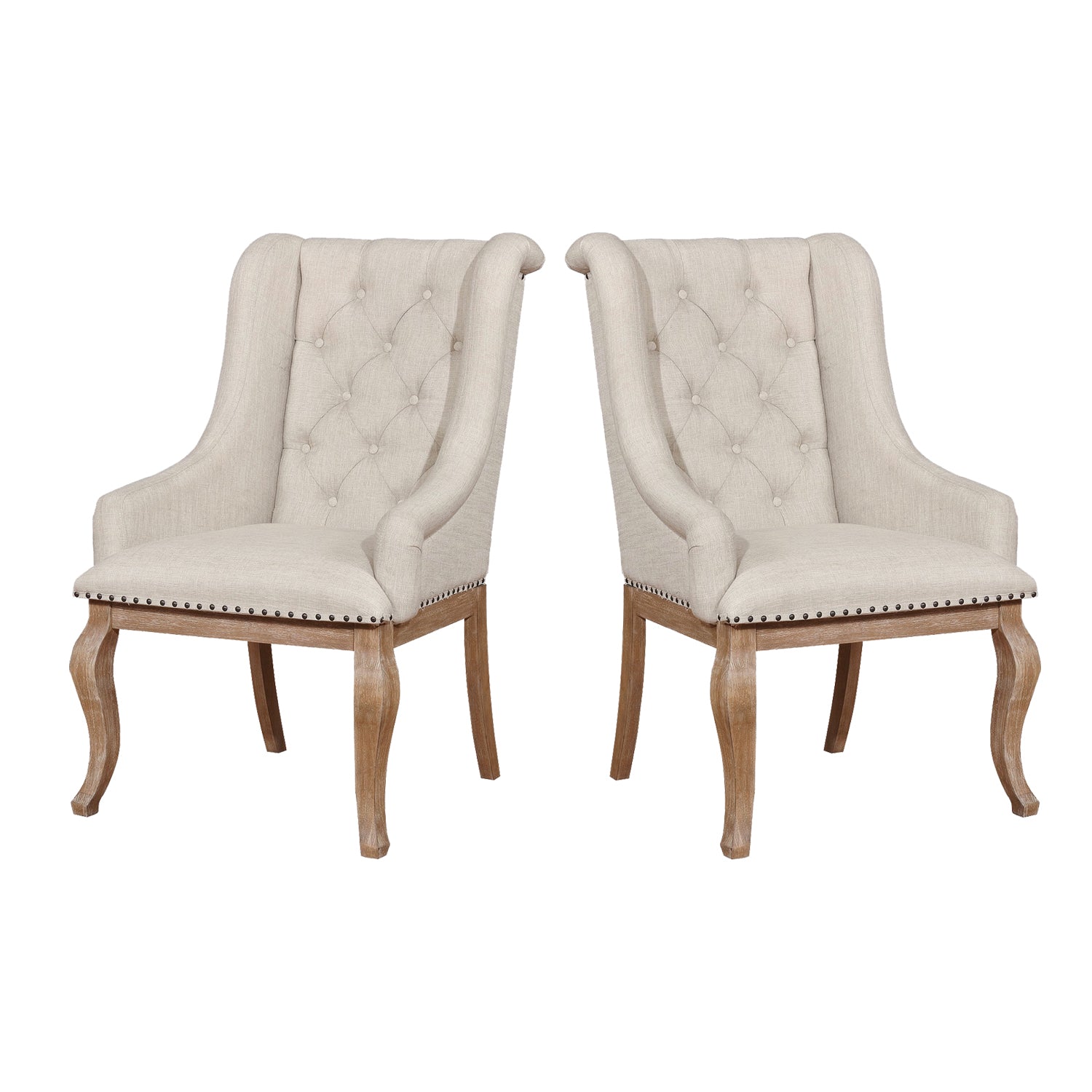 Set Of 2 Cream Fabric Upholstered Arm Chairs, Barley Brown Solid Cream Brown Dining Room Rectangular Arm Chair Tufted Back Set Of 2 Fabric,Mdf