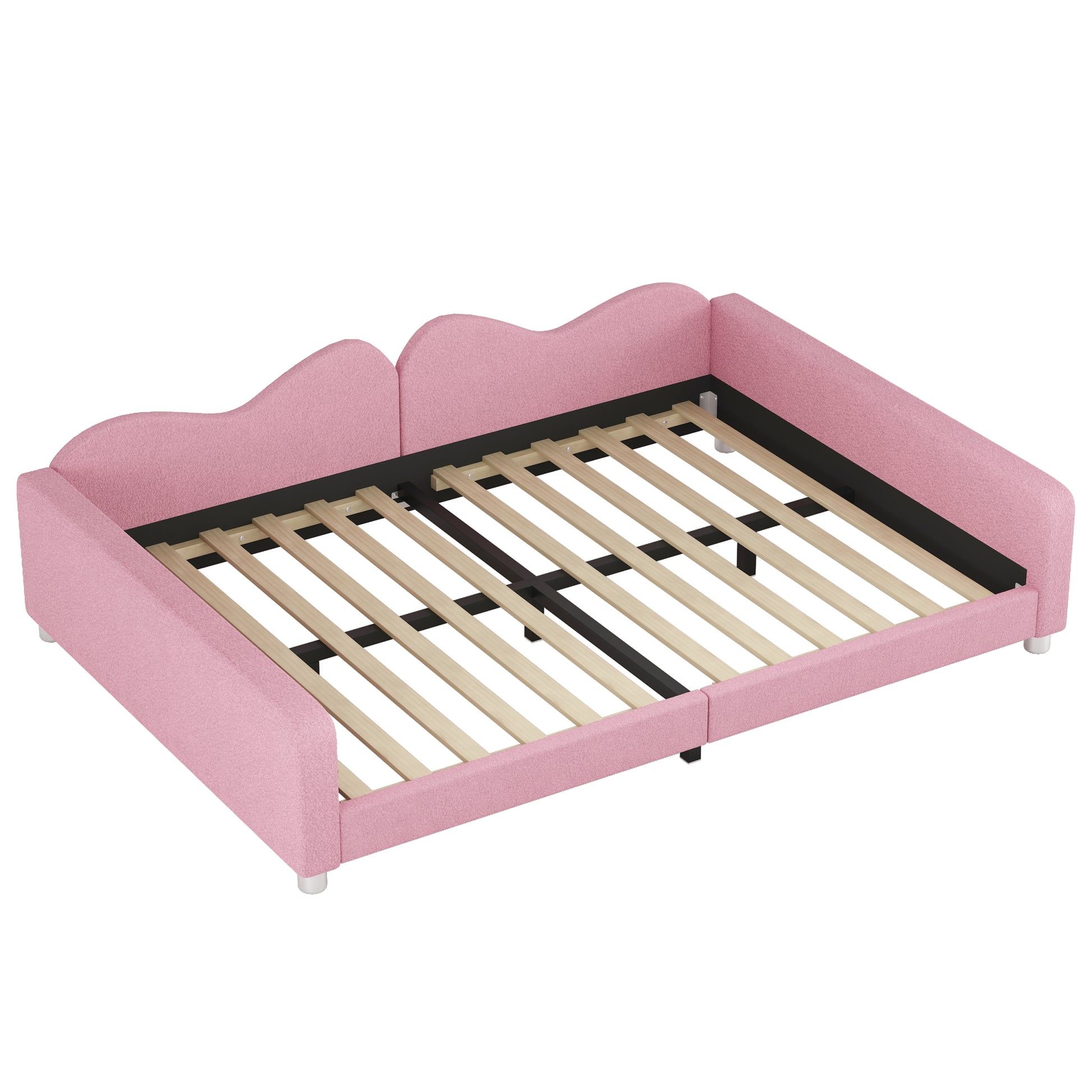 Full Size Upholstered Daybed, Sherpa Fabric Sofabed With Cloud Shaped Backrest, No Box Spring Needed, Pink Full Pink Wood Fabric