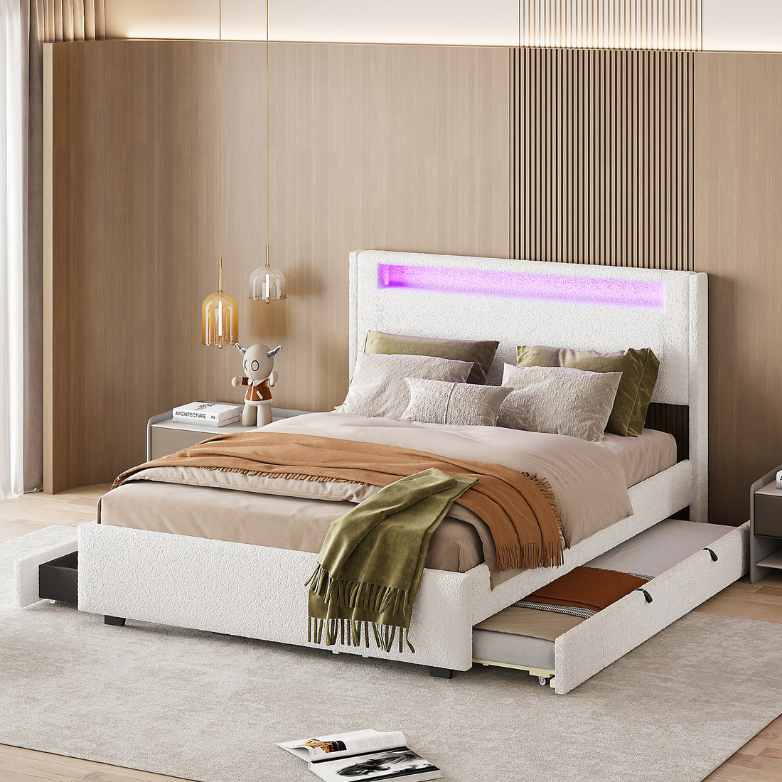 Full Size Upholstered Platform Bed With Led Frame, With Twin Size Trundle And 2 Drawers, Teddy Fleece, White White Fleece