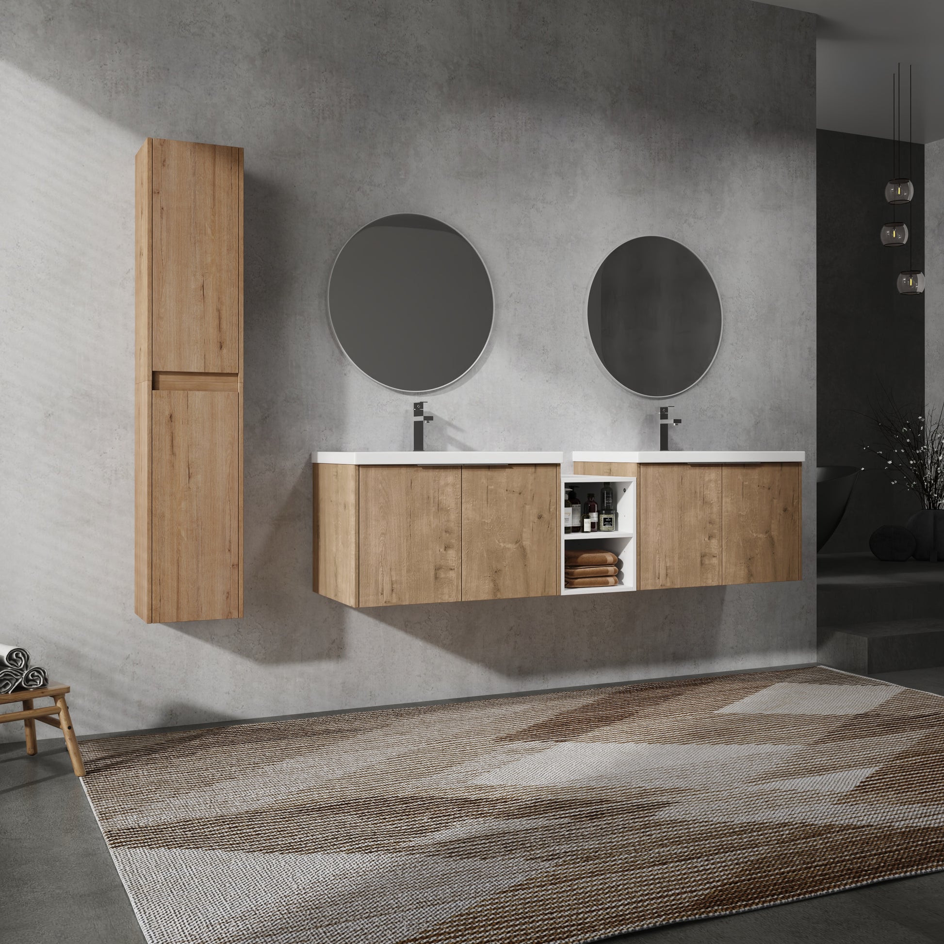 72" Wall Mounted Bathroom Vanity With Sink And Side Cabinet, Soft Close Doors,00112Imo 00630Imox2 00612Gwh Combination Cabinet Kd Packing Imitative Oak Bathroom Modern Plywood Plywood