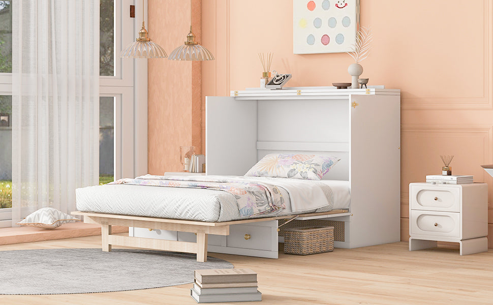 Queen Murphy Bed With Large Drawers,White Queen White Plywood