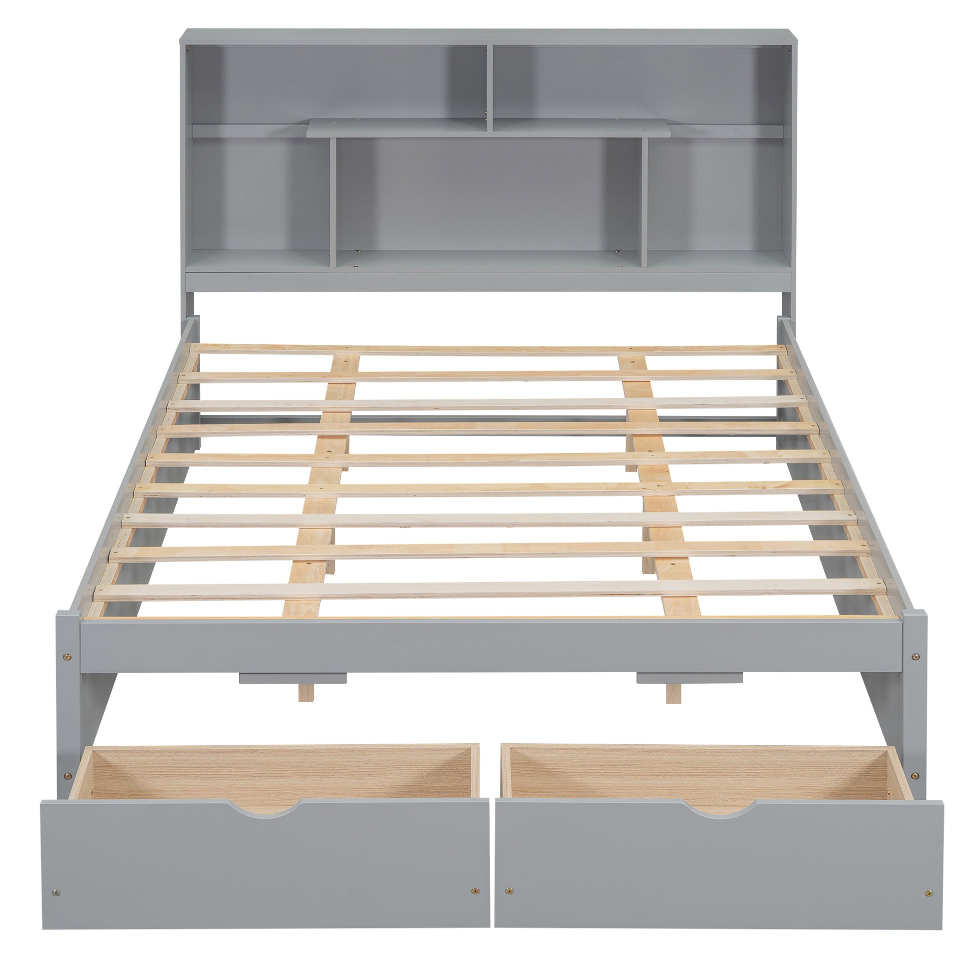 Queen Size Platform Bed With Storage Headboard And 2 Drawers, Gray Box Spring Not Required Queen Gray Wood Bedroom Bed Frame Solid Wood Mdf