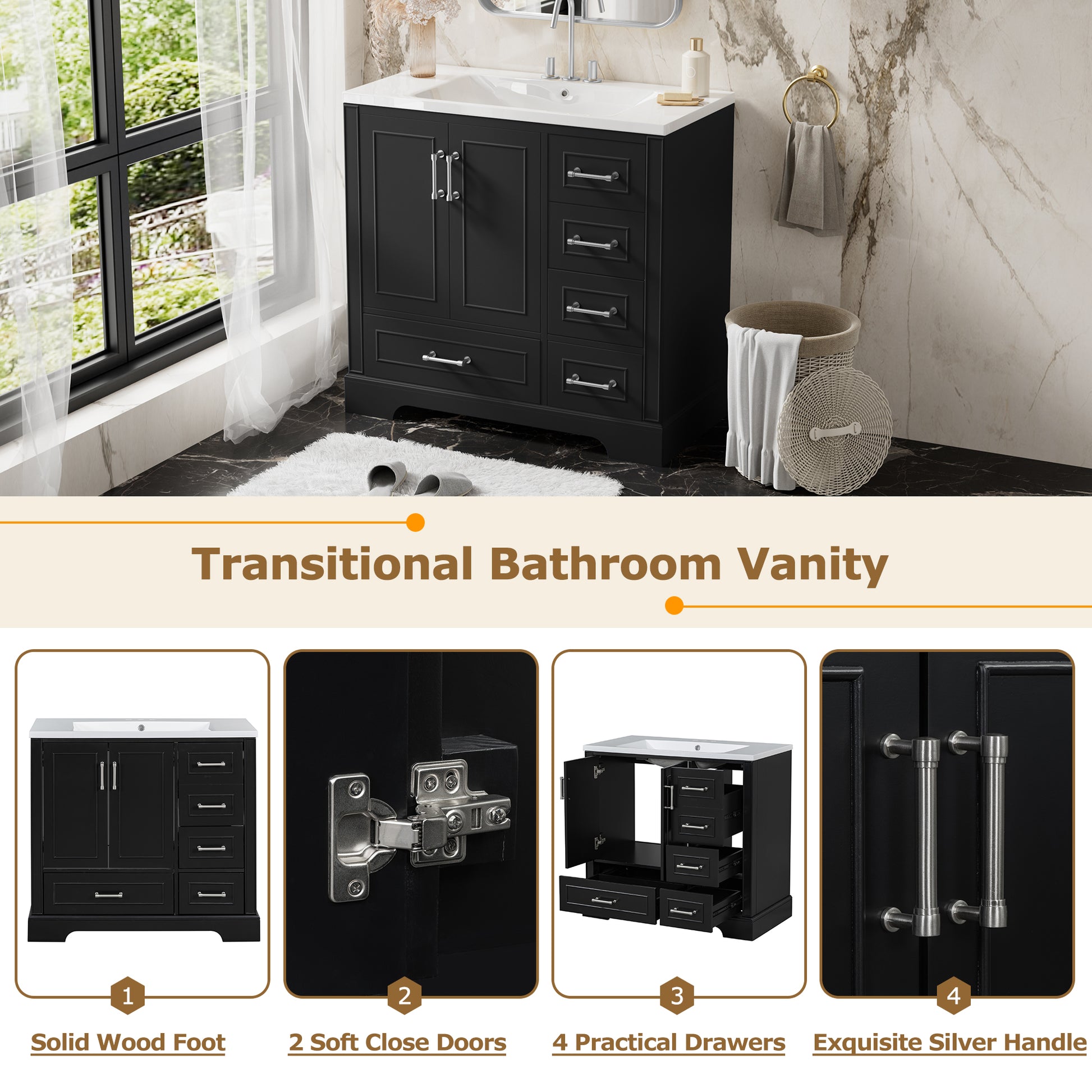 36 Inch Traditional Bathroom Vanity With Resin Sink Combo Set, Black Bathroom Cabinet With Two Doors And Four Drawers Black Bathroom Solid Wood Mdf Resin
