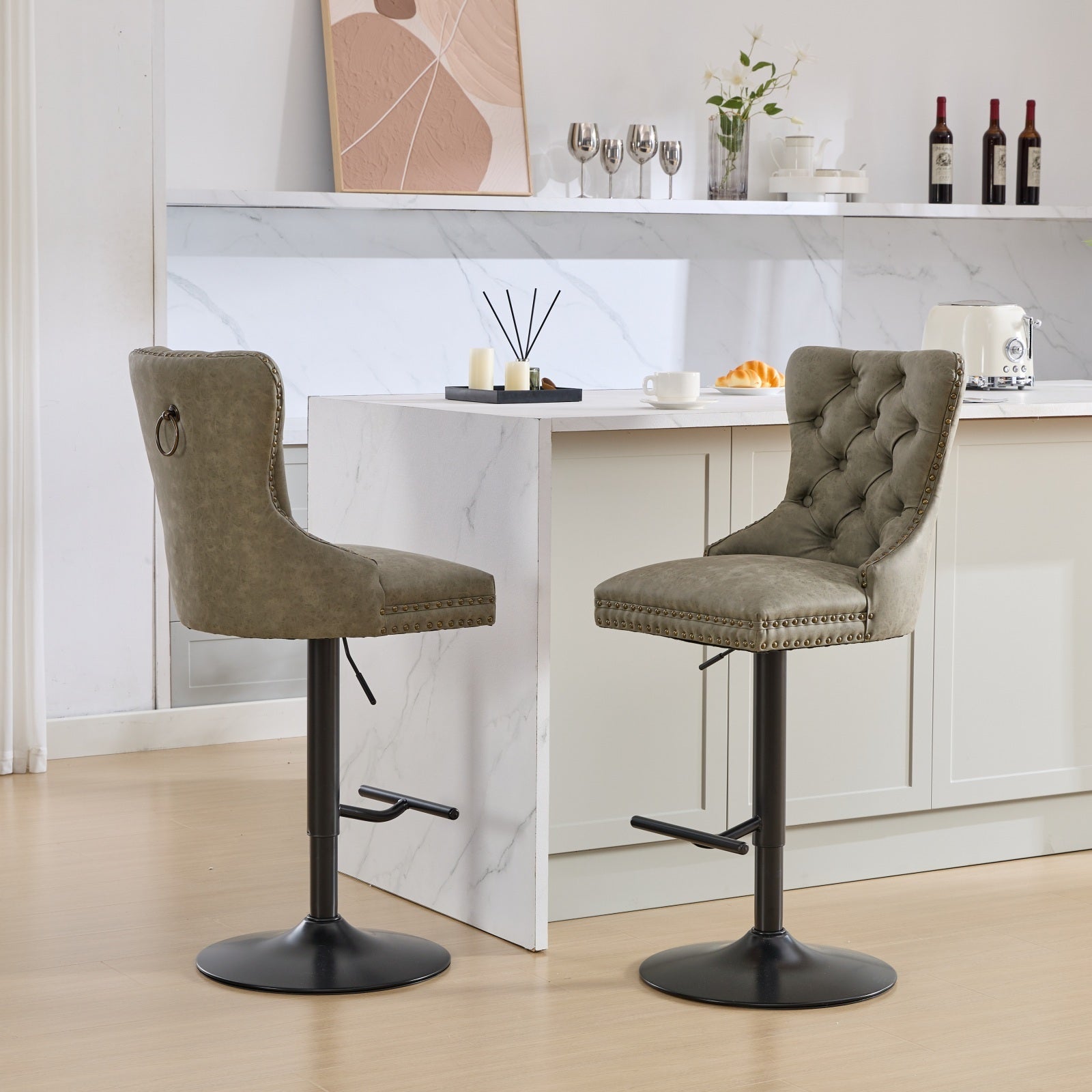 Aged And Retro Pu Swivel Barstools Adjusatble Seat Height From 25 33 Inch, Modern Bar Stools With Backs Comfortable Tufted For Home Pub And Kitchen Island Olive Green,Set Of 2 Olive Green American Design Bar Stools Set Of 2 Foam Pu Leather