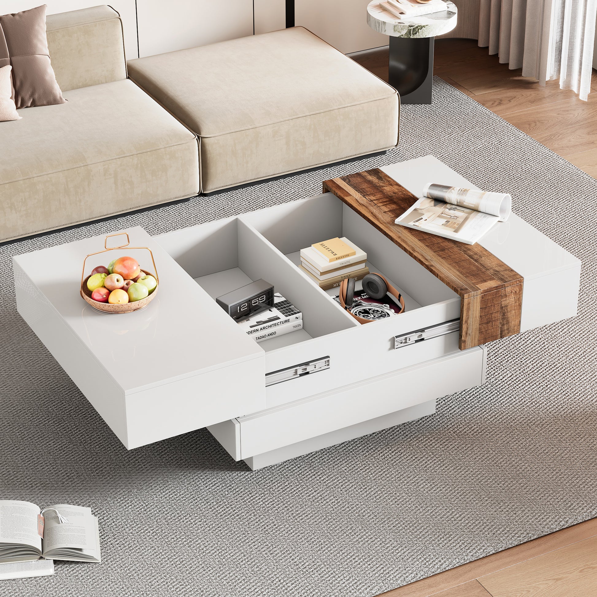 31.4'' X 31.4'' Square Coffee Table With Sliding Tabletop, High Gloss Center Table With Hidden Storage Compartment, Extendable Cocktail Table With Walnut Grain Finish For Living Room, White White Square Mdf