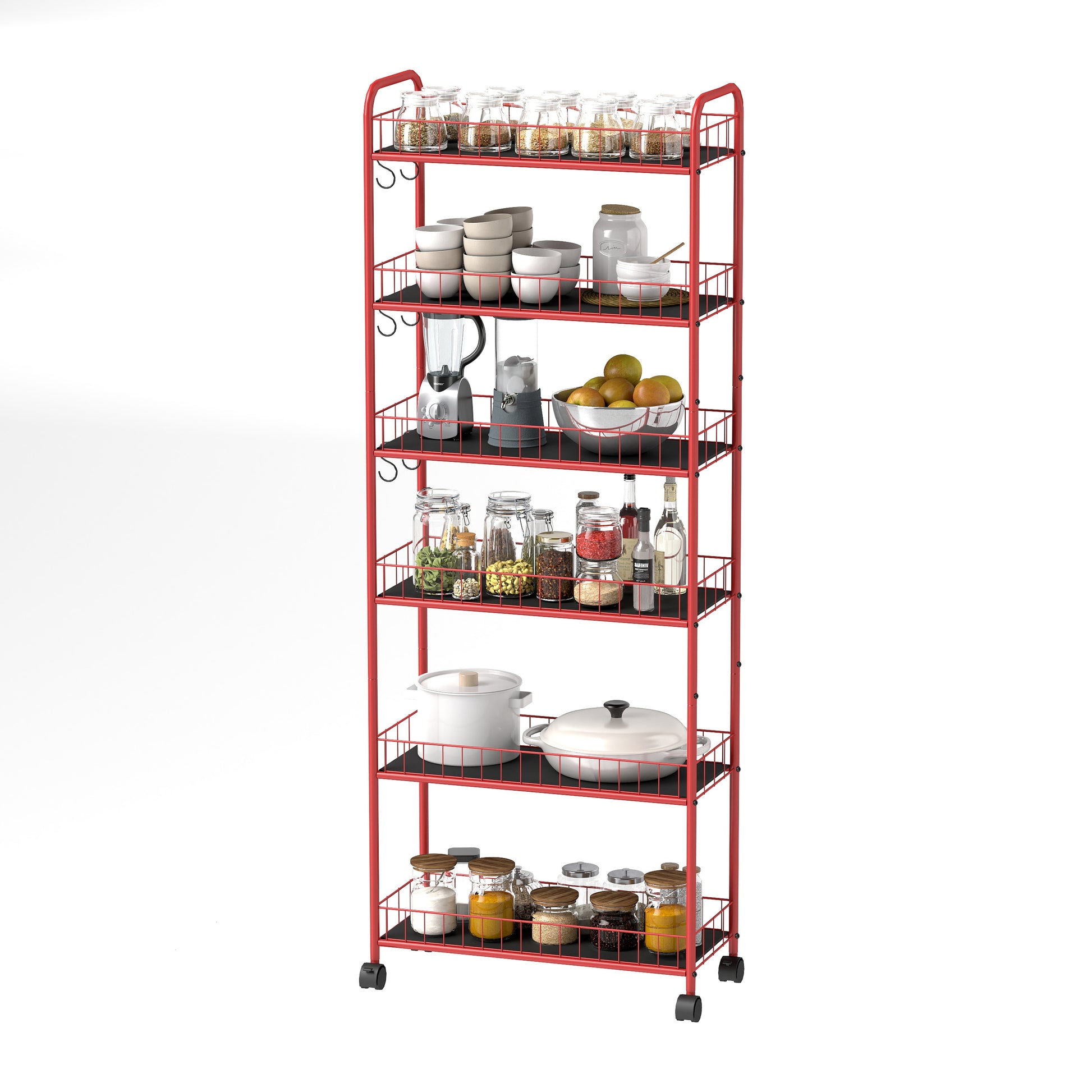 Red 6 Tier Slim Rolling Storage Cart, Mobile Shelving Unit With Wheels, Metal Wire Storage Shelving Rack With Baskets For Kitchen Bathroom Office Laundry Narrow Piaces Red Kitchen American Design,American Traditional Metal Metal