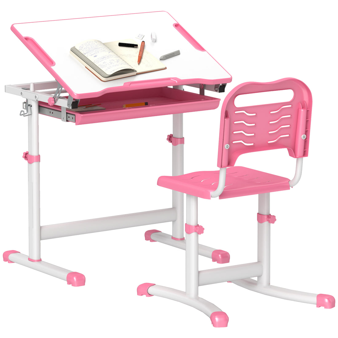 Qaba Kids Desk And Chairs Set, Height Adjustable Children School Study Desk With Tilt Desktop, Storage Drawer, Pen Slot, Hook, Ergonomic Table And Chair Set For Kids, Pink Pink Mdf