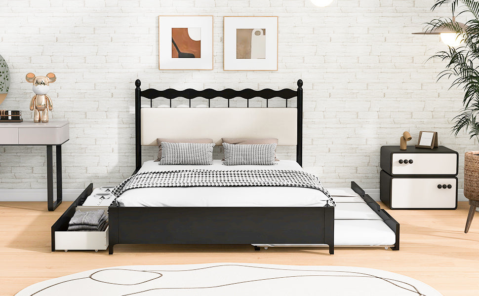 Queen Size Wooden Storage Platform Bed, With 2 Big Drawers, T Size Trundle ,Espresso Queen Espresso Plywood