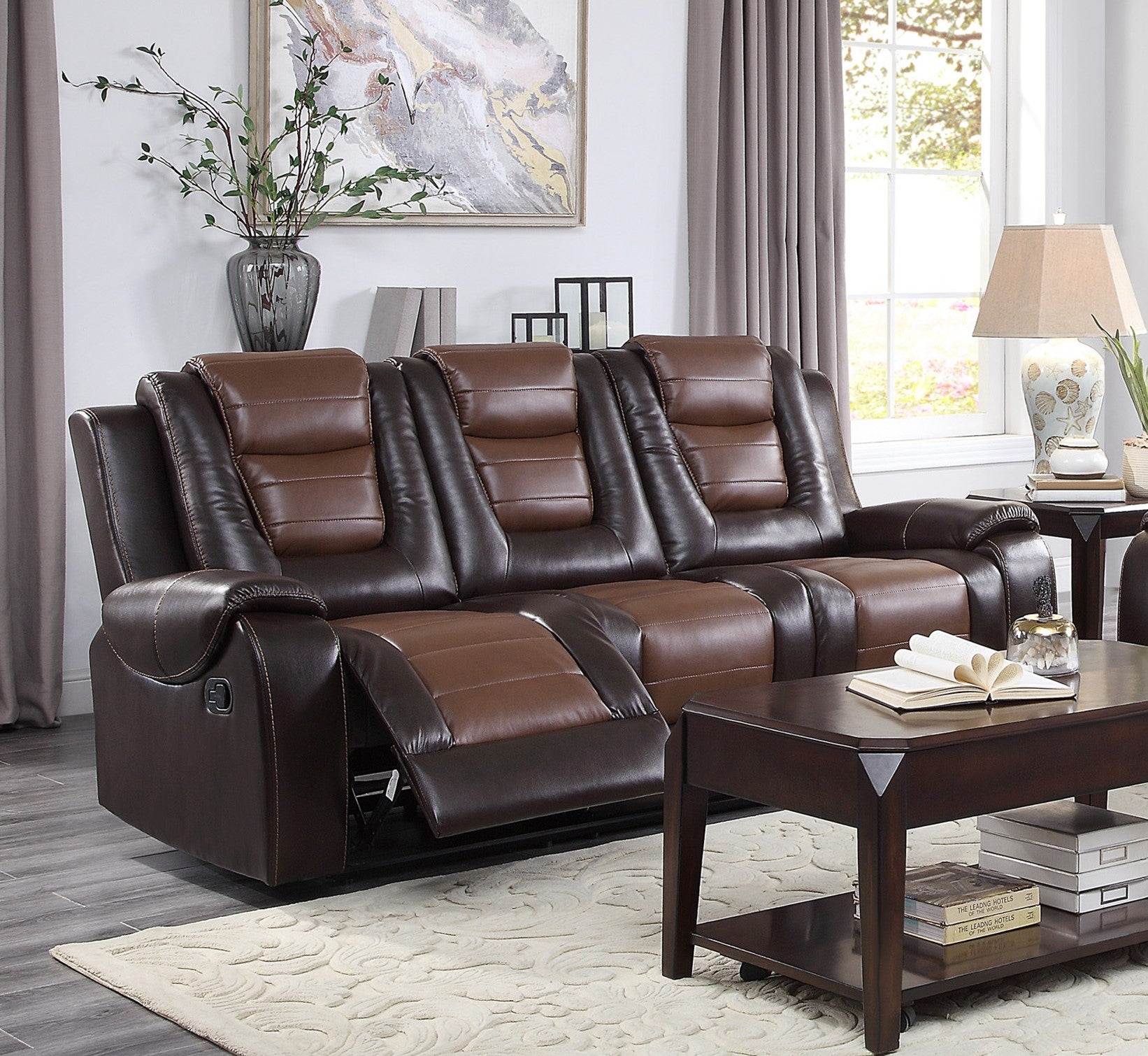 Modern Luxury Sofa Dual Reclining With Center Drop Down Cup Holders 1Pc Formal Living Room Furniture Premium Faux Leather Upholstery Comfortable Two Tone Brown Finish Dark Brown,Light Brown Faux Leather Wood Primary Living Space Luxury,Modern