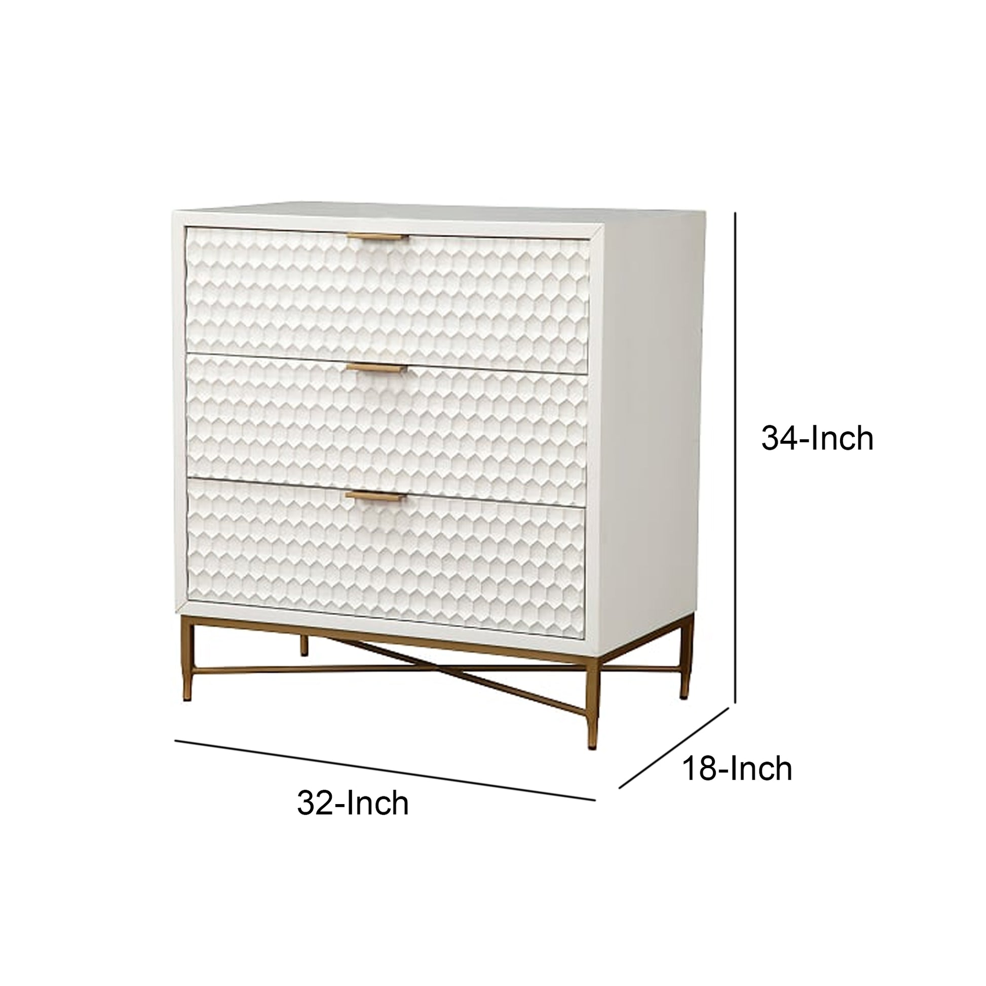 Honeycomb Design 3 Drawer Chest With Metal Legs, Small, White White Wood Metal