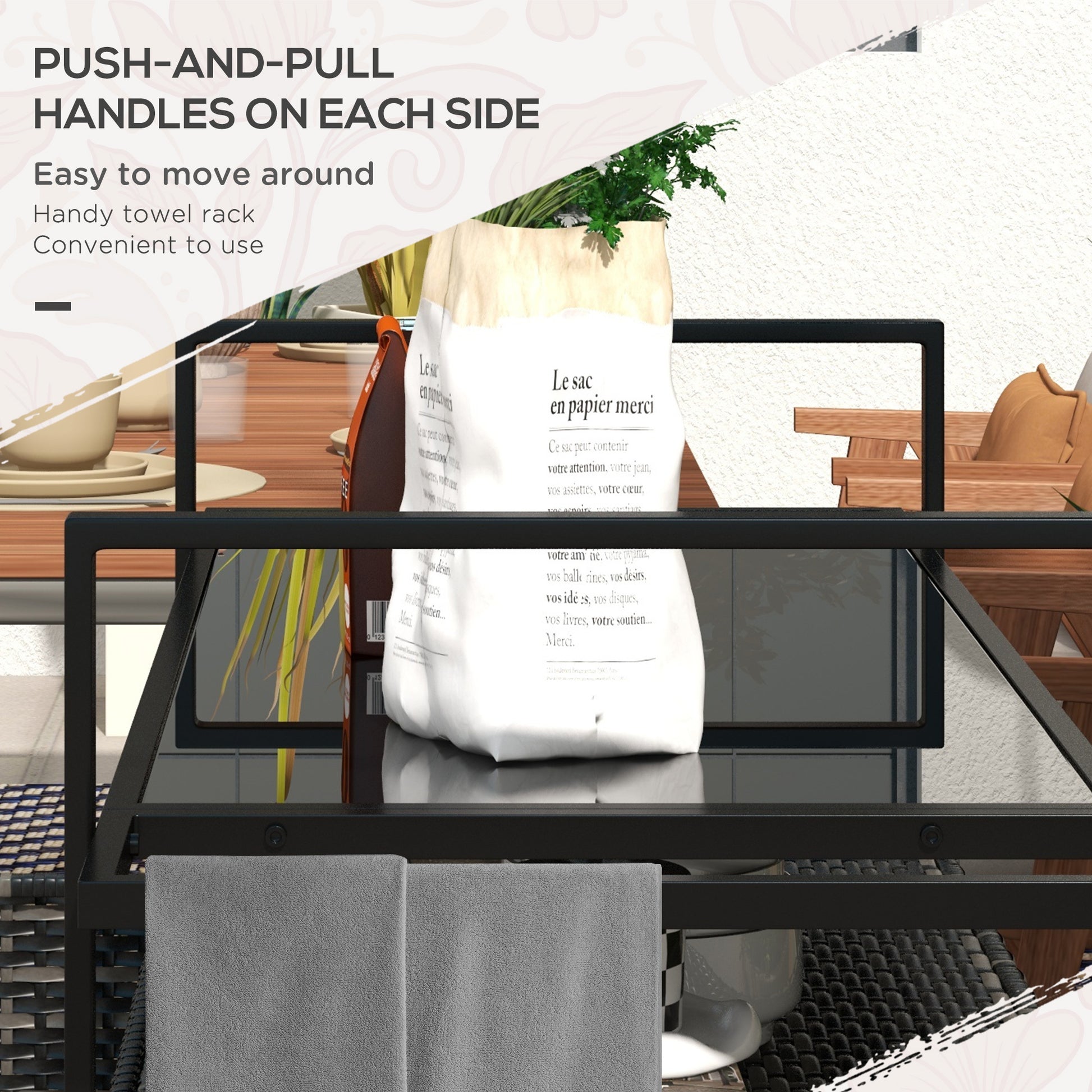 Outsunny Pe Rattan Outdoor Bar Table, Outdoor Kitchen Island With 2 Tier Shelf & Cabinet, Patio Serving Cart With Glass Top, Handles, Towel Racks For Poolside, Garden, Mixed Gray Gray Steel