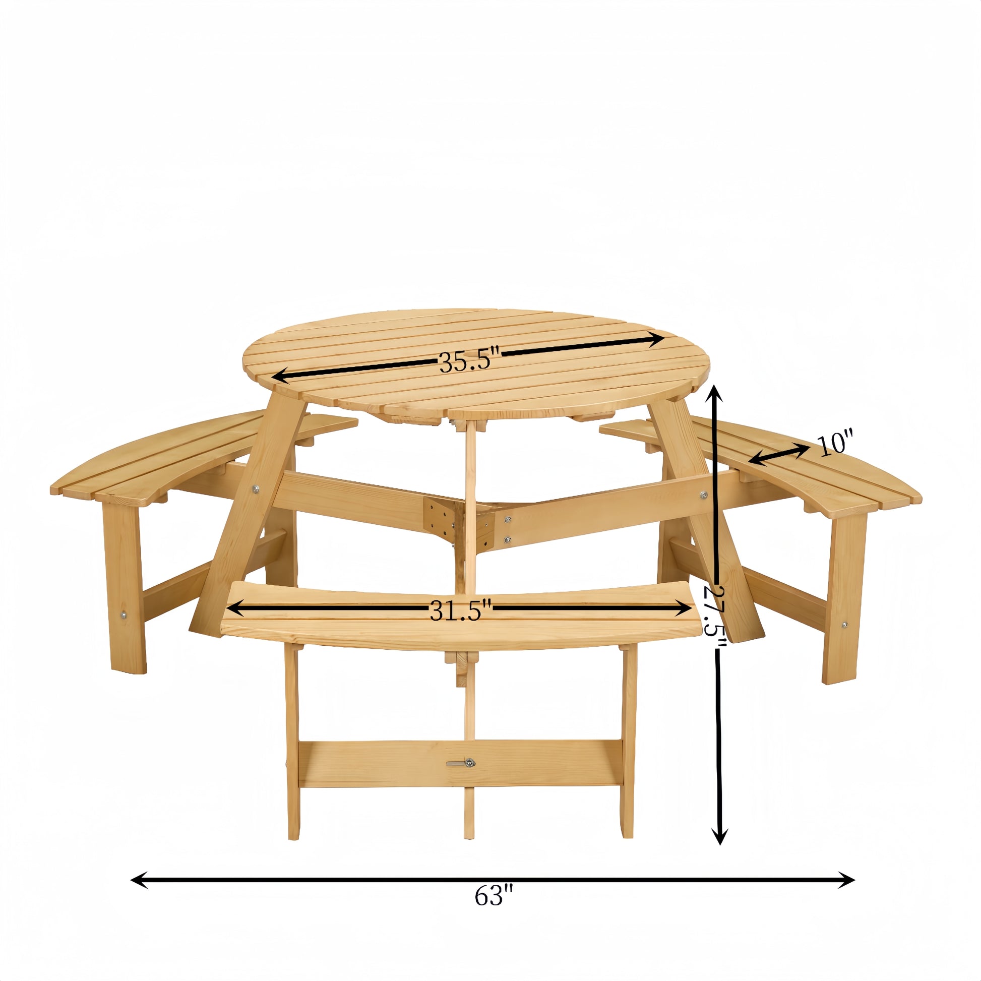 Outdoor 6 Person Picnic Table, 6 Person Round Picnic Table With 3 Built In Benches, Umbrella Hole, Outside Table And Bench Set For Garden, Backyard, Porch, Patio, Natural Natural Wood Metal