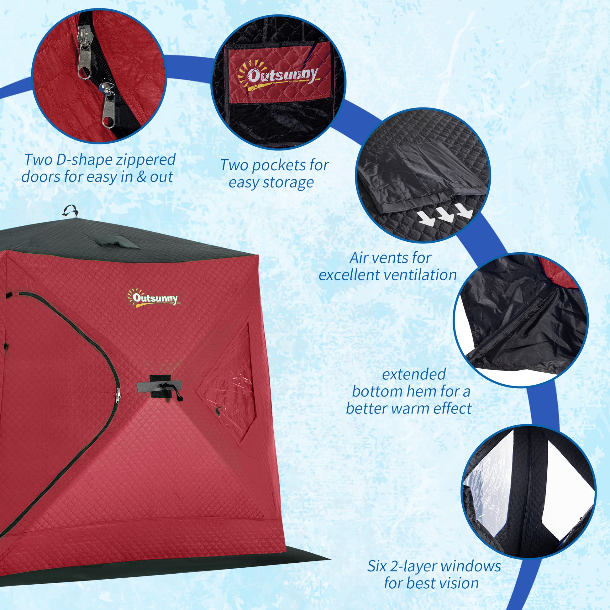 Outsunny 2 Person Insulated Ice Fishing Shelter Pop Up Portable Ice Fishing Tent With Carry Bag And Anchors For Lowest Temps 22 , Red Red Fabric