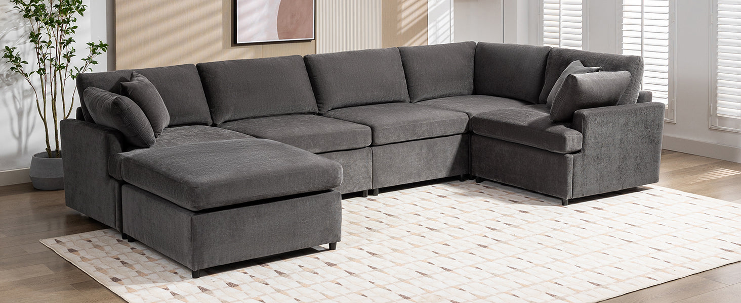 Modern Large U Shape Sectional Sofa, With Removable Ottomans For Living Room 6 Seater Gray Polyester 6 Seat