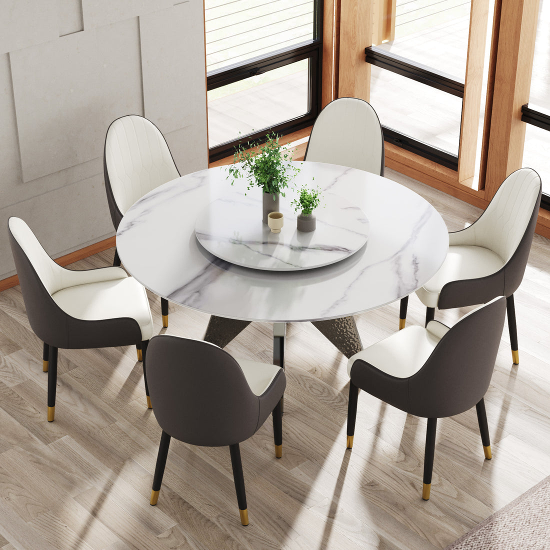 59.05" Round Marble Dining Table With Silver Stainless Steel Design Base, Artificial Marble For 6 8 People, 31.5"White Artificial Stone Turntable,White Dining Table Only Silver,White Dining Room