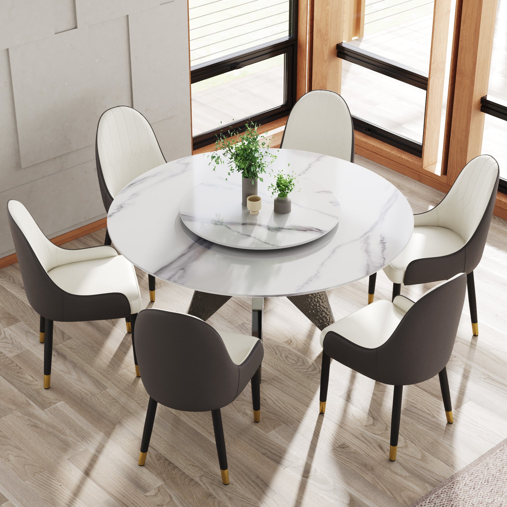 59.05" Round Marble Dining Table With Silver Stainless Steel Design Base, Artificial Marble For 6 8 People, 31.5"White Artificial Stone Turntable,White Dining Table Only Silver,White Dining Room