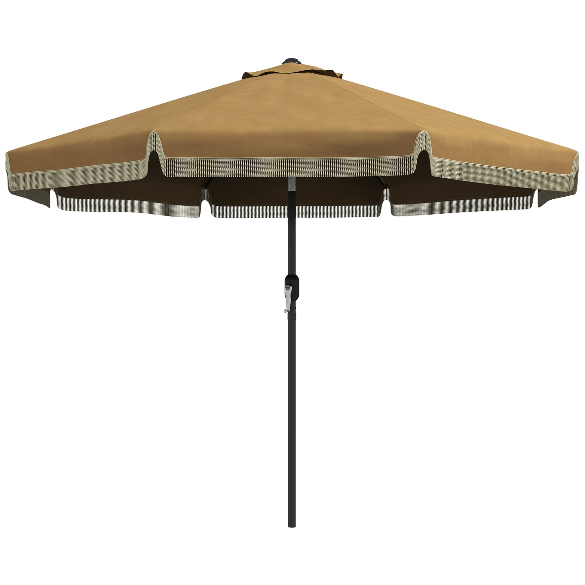 Outsunny 9Ft Patio Umbrella With Push Button Tilt And Crank, Ruffled Outdoor Market Table Umbrella With Tassles And 8 Ribs, For Garden, Deck, Pool, Tan Tan Polyester