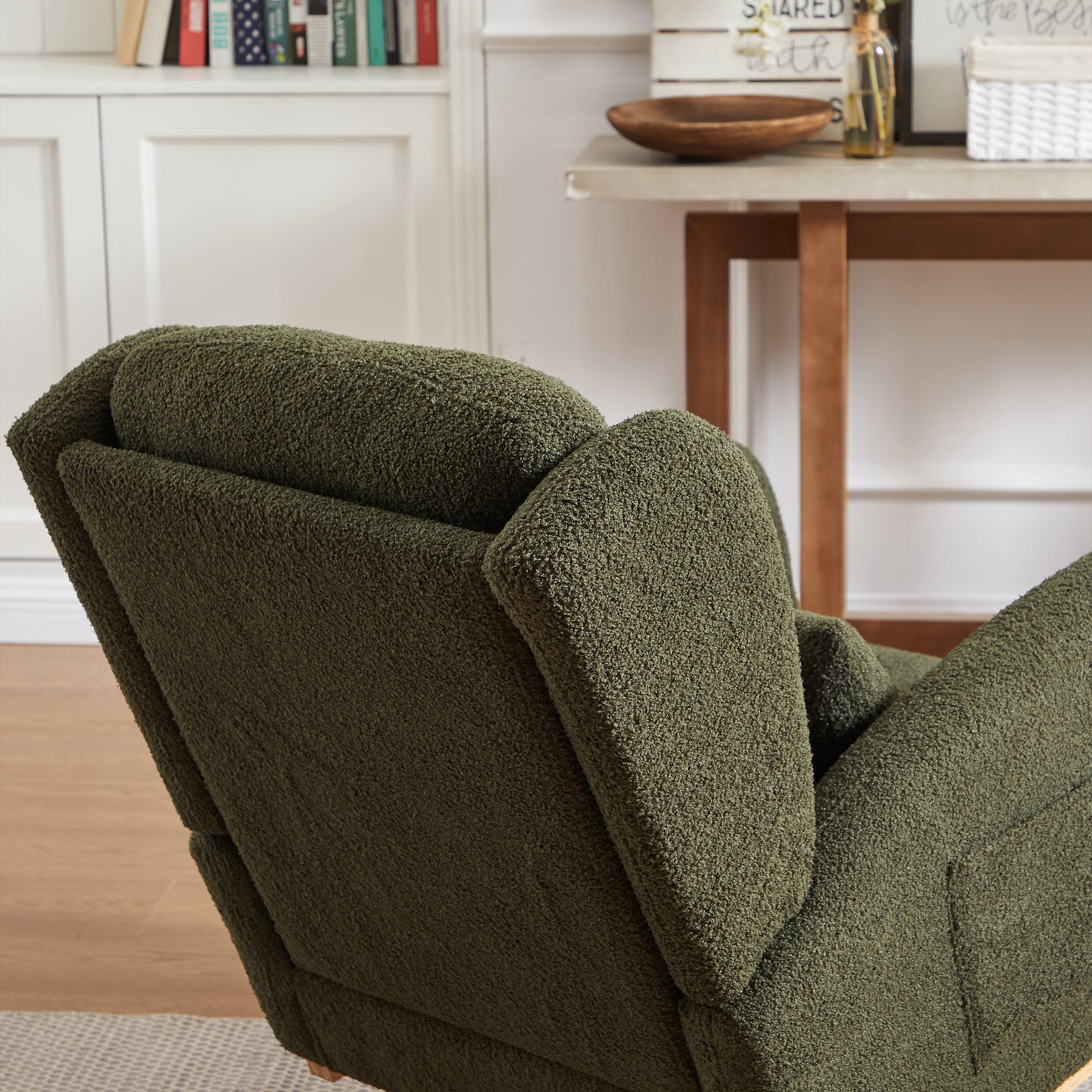 27.2"W Modern Accent High Backrest Living Room Lounge Arm Rocking Chair, Two Side Pocket Army Green Foam Fabric