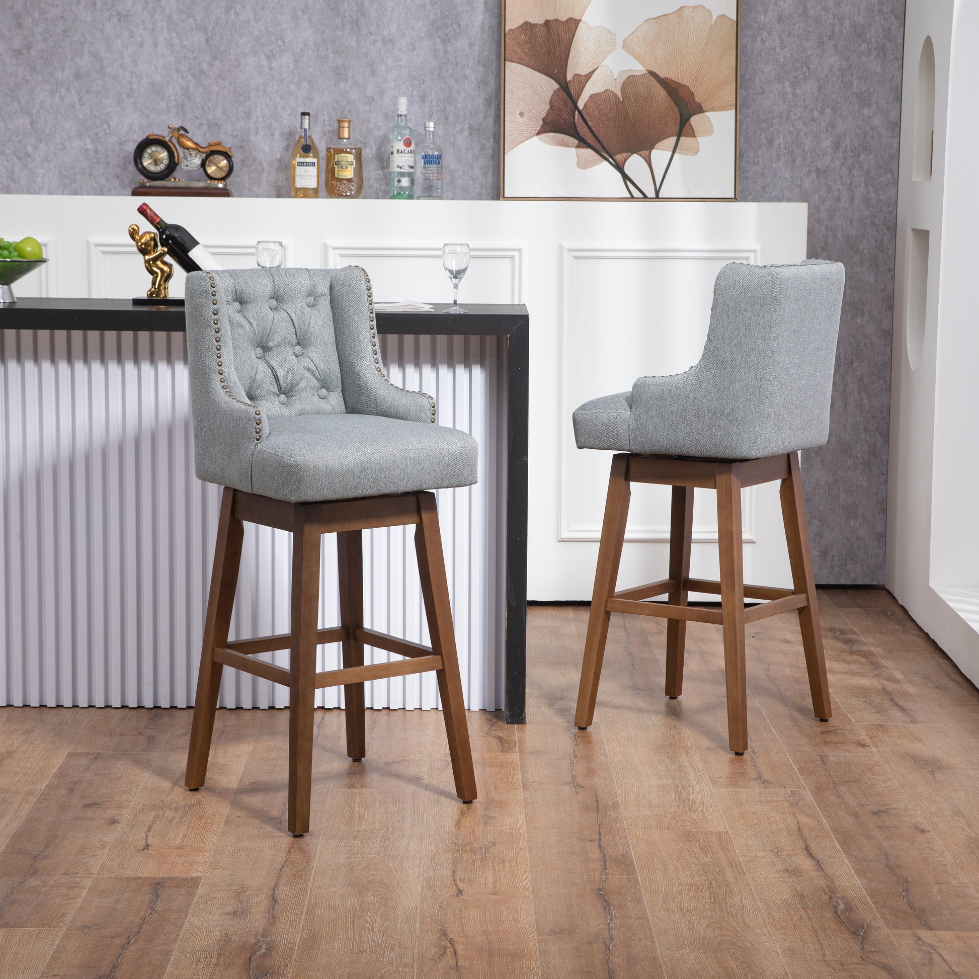 Coolmore Bar Stools Set Of 2 Counter Height Chairs With Footrest For Kitchen, Dining Room And 360 Degree Solid Wood Legs Swivel Bar Stools Set Of 2 Gary Linen Gray Foam Linen