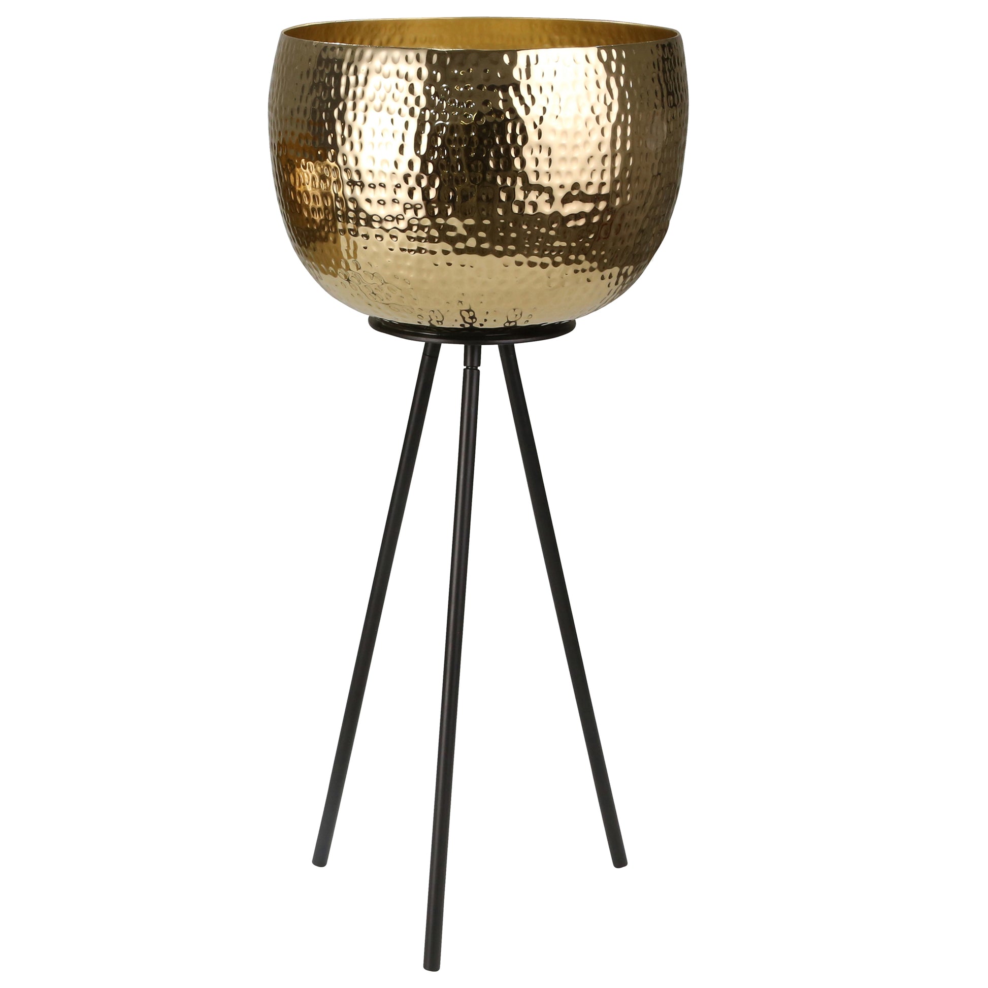 Hammered Textured Metal Bowl Planters On Tripod Base, Set Of 2, Gold And Black Black Gold Iron