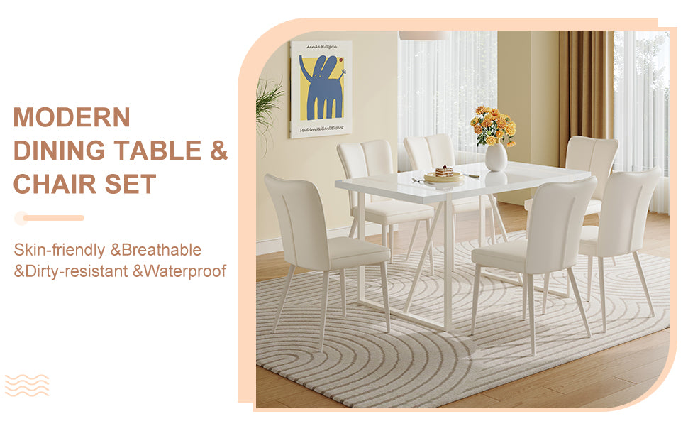 55"X31.5"Cream Style White Mdf Dining Table Set With 6 Armless Chairs.Mdf Tabletop And Metal Legs.The Backrest Of The Dining Chair Has A Vertical Line Design.Adding A Warm Atmosphere To Your Family.