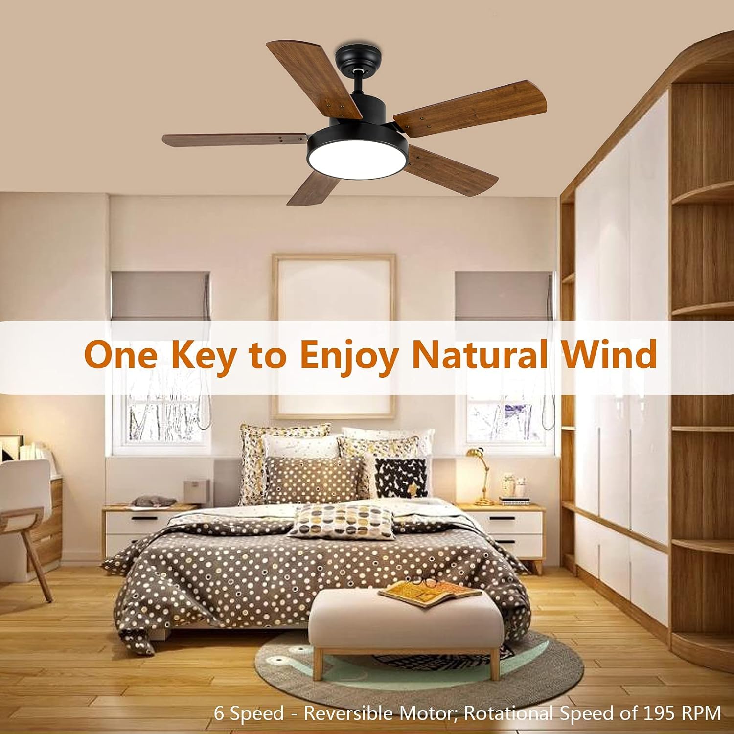 44 Inch Ceiling Fan With Led Light And Remote Control, 6 Speed Modes, 2 Rotating Modes, Timer, Improved Blades Antique Brown Wood