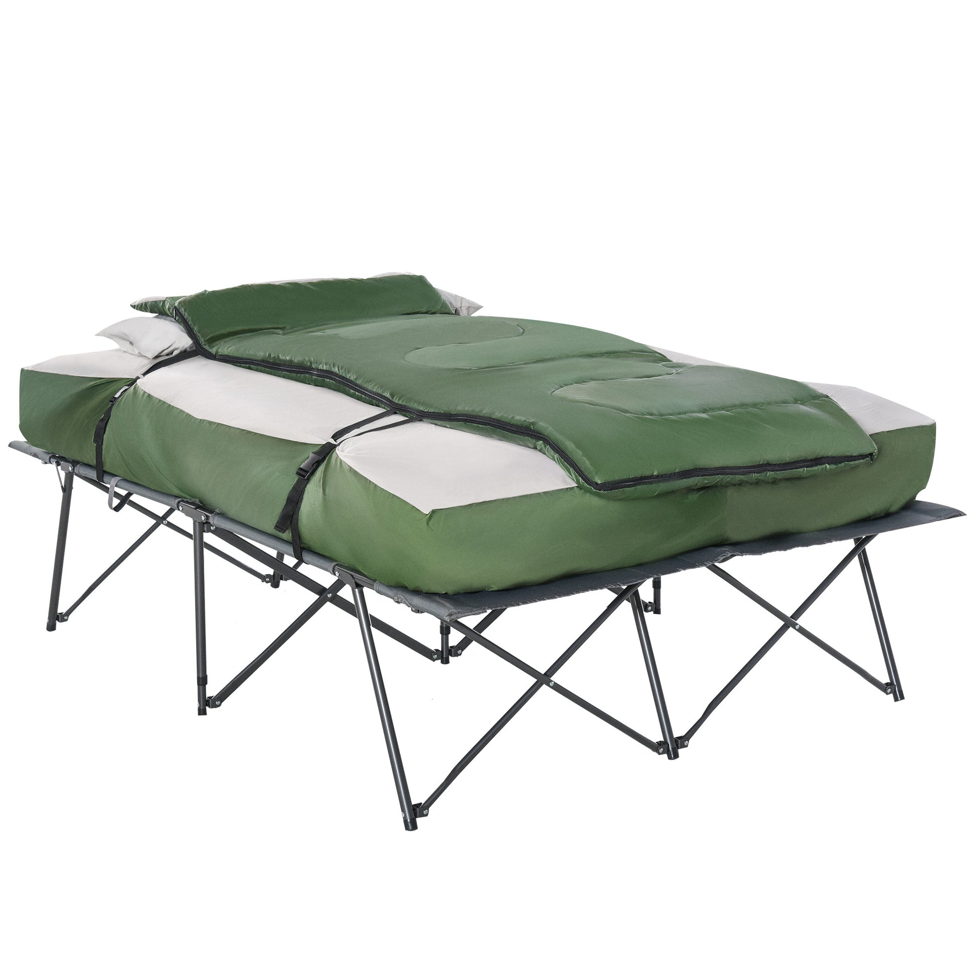 Outsunny 2 Person Folding Camping Cot Portable Outdoor Bed Set With Sleeping Bag, Inflatable Air Mattress, Comfort Pillows And Carry Bag, Soft And Comfortable For Outdoor Travel Camp Beach Vacation Green Polyester