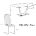 Table And Chair Set.Contemporary, Minimalist Rectangular Dining Table Featuring A Clear Tempered Glass Top And Sleek Silver Legs. Paried With Chairs Made Of Pu Material Cushion And Silver Metal Legs. White Seats 8 Glass Metal