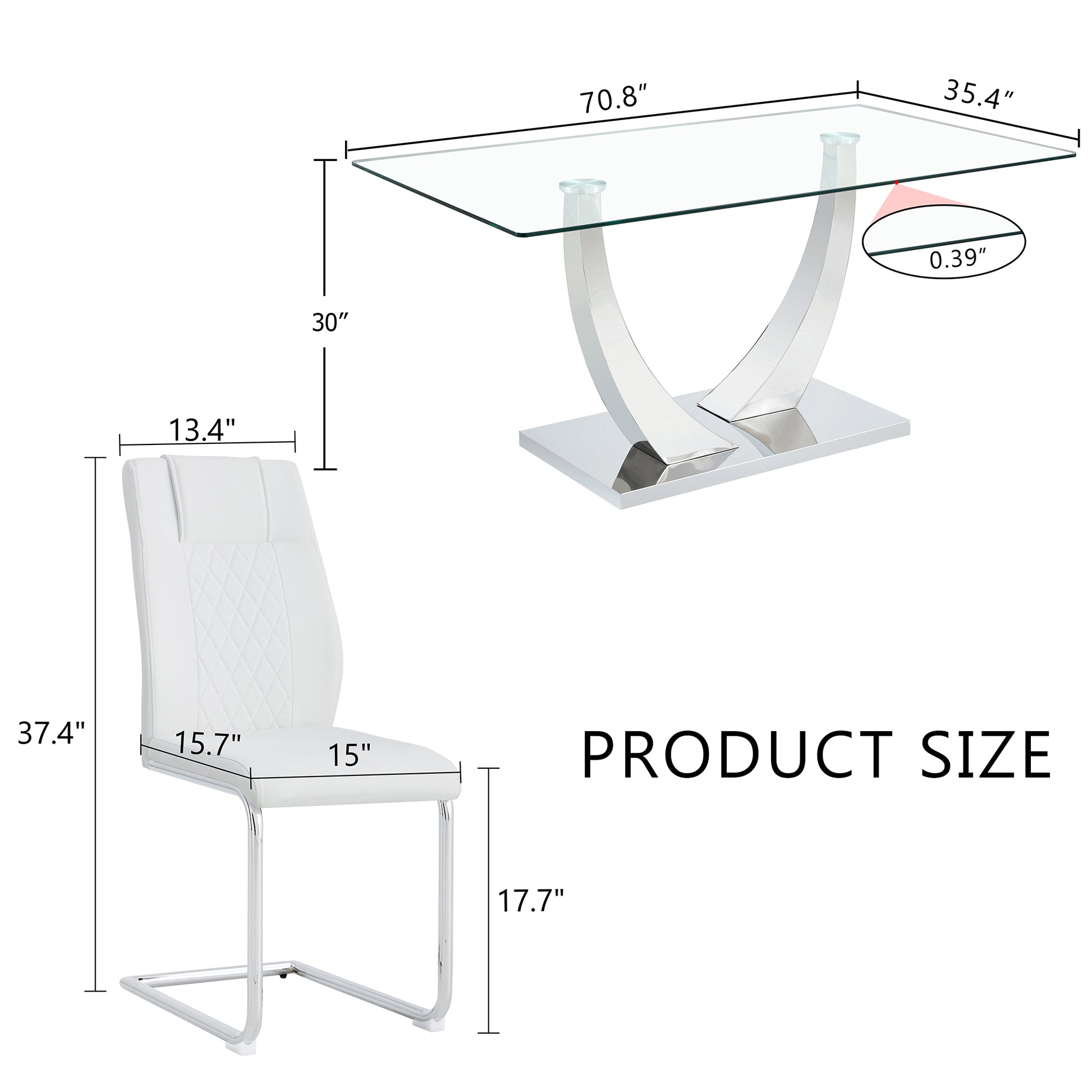 Table And Chair Set.Contemporary, Minimalist Rectangular Dining Table Featuring A Clear Tempered Glass Top And Sleek Silver Legs. Paried With Chairs Made Of Pu Material Cushion And Silver Metal Legs. White Seats 8 Glass Metal