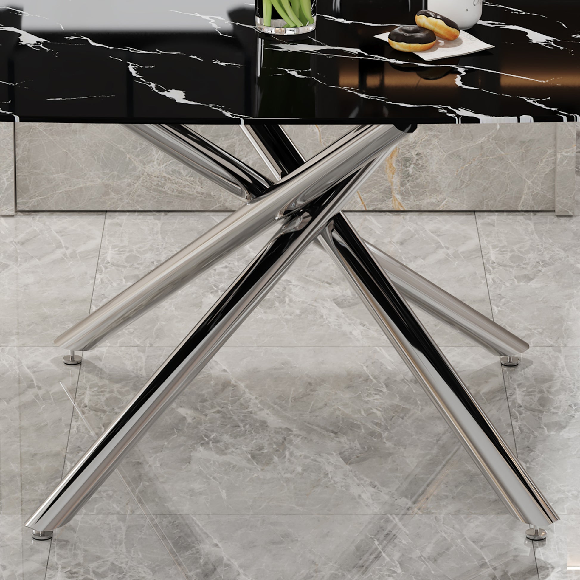 Large Modern Minimalist Rectangular Dining Table With 0.39 "Imitation Marble Black Tabletop And Silver Metal Legs, Suitable For Kitchen, Dining Room, Living Room, Conference Room, And Banquet Hall Silver Glass Metal