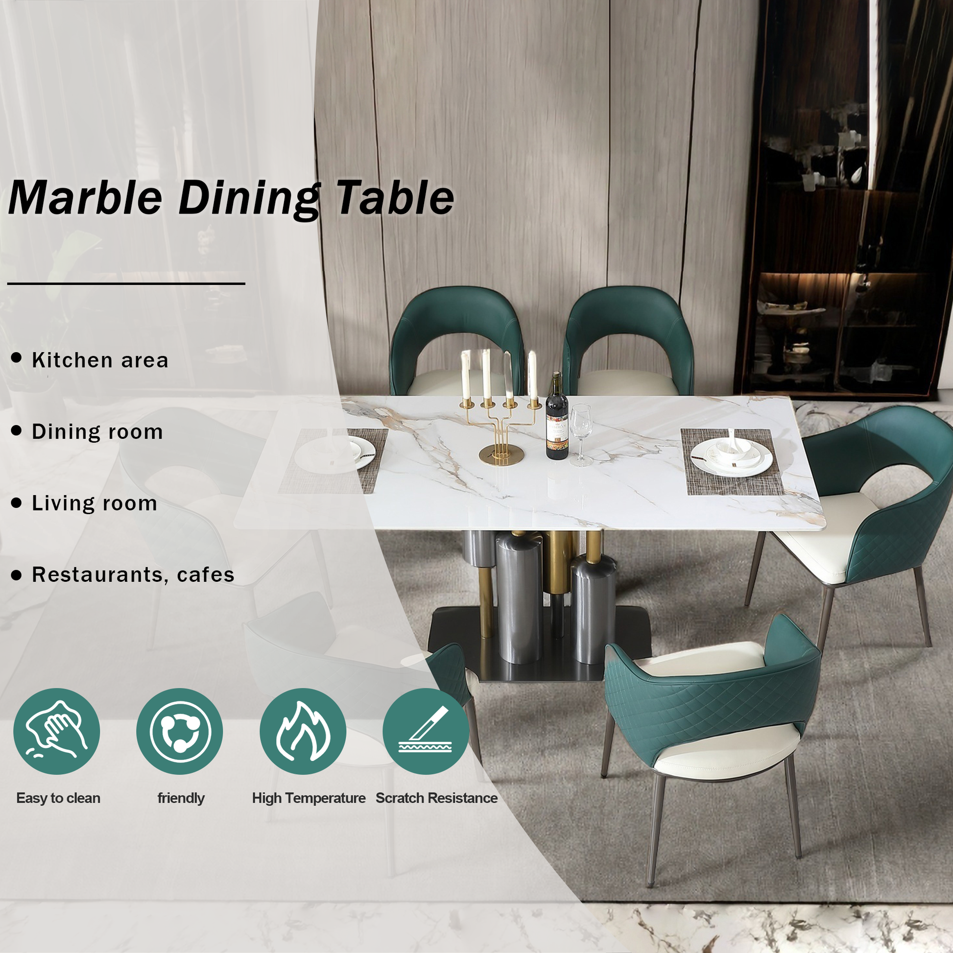 Modern Dining Table, White Dining Table Sintered Stone Dining Table Top With Stainless Steel Base, 71 Inch Modern Luxury White Rectangular Dining Table Table Only Gold,Gun Ash Dining Room American