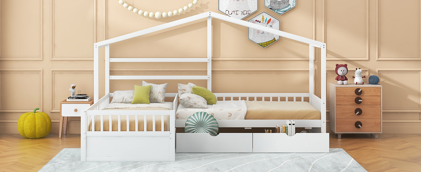 Twin Size House Platform Bed With Three Storage Drawers,White Box Spring Not Required Twin White Wood Bedroom Pine