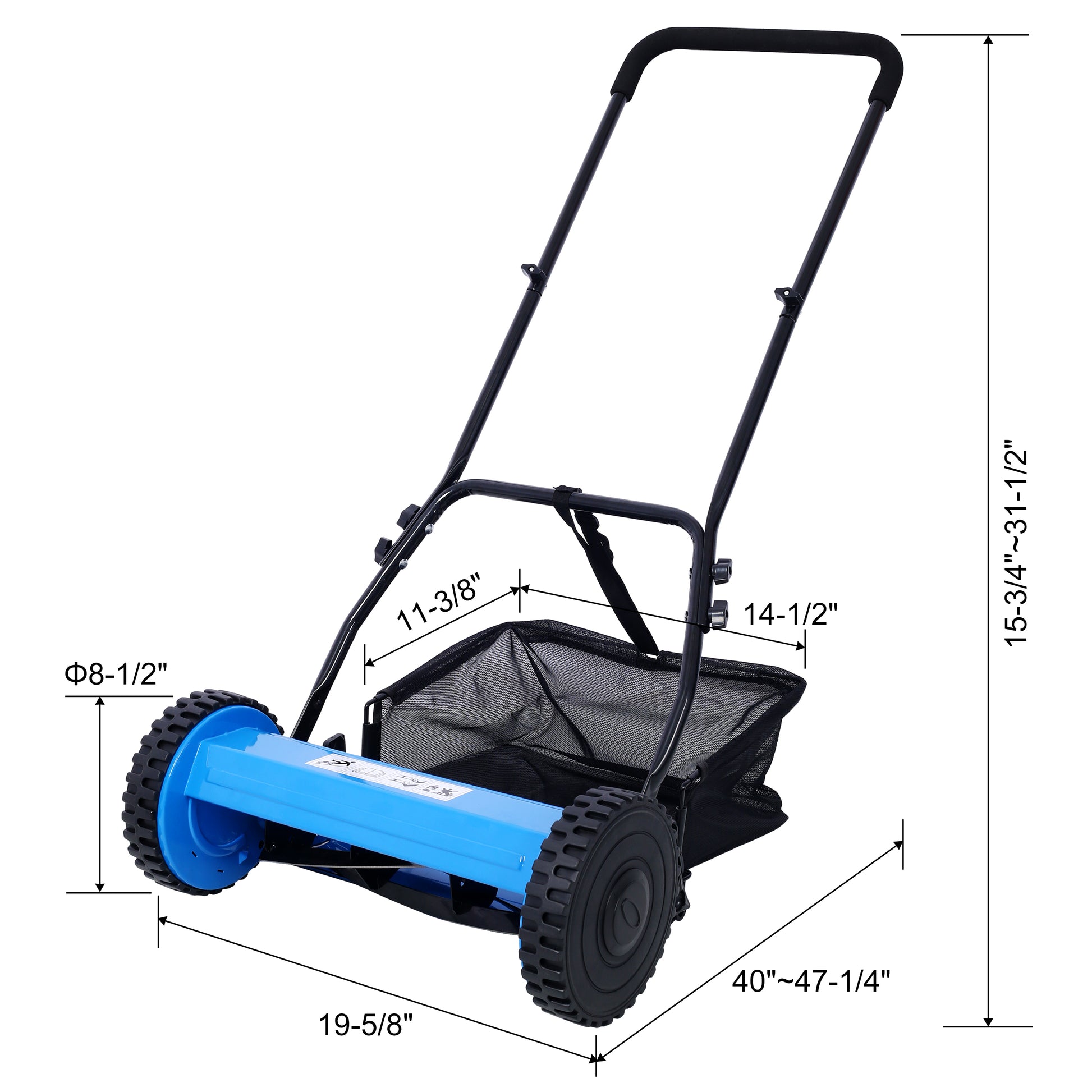 14 Inch 5 Blade Push Reel Lawn Mower With Grass Catcher, Blue Color Blue Steel