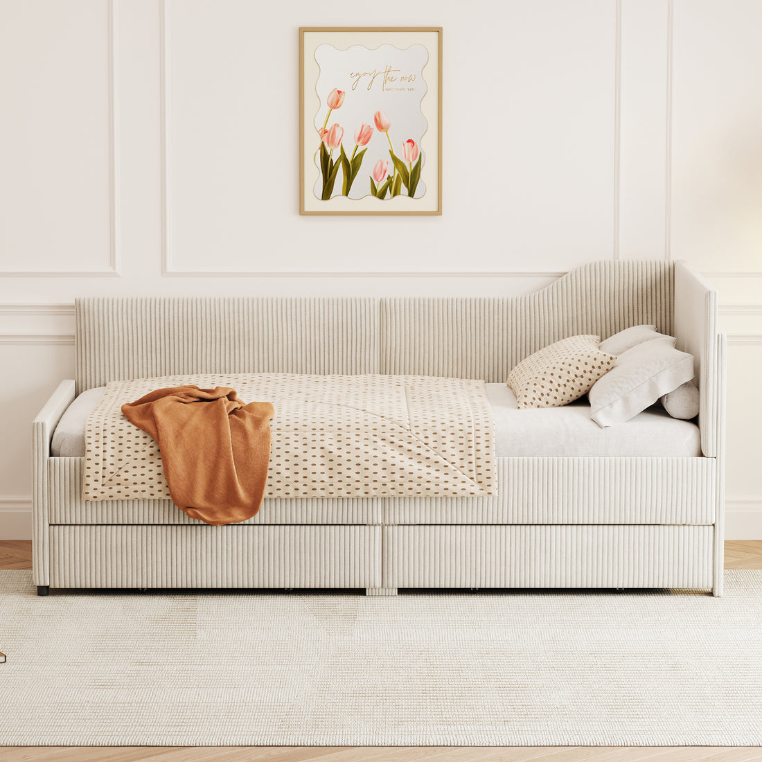 Twin Size L Shaped Corduroy Daybed,Upholstered Bed Frame With 2 Storage Drawers, Beige Twin Beige Wood Fabric