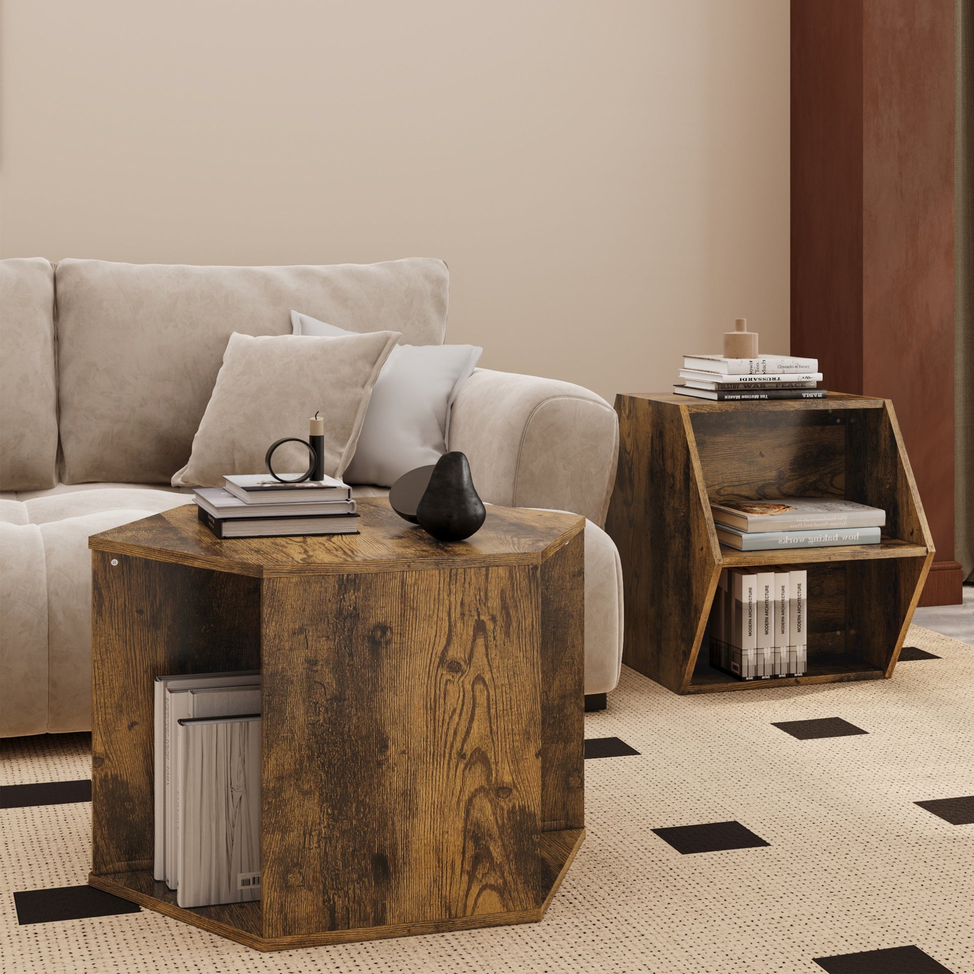 47.24'' Hexagonal Coffee Table Side Table Nightstand Antique Wood 2Pcs Antique Brown Mdf