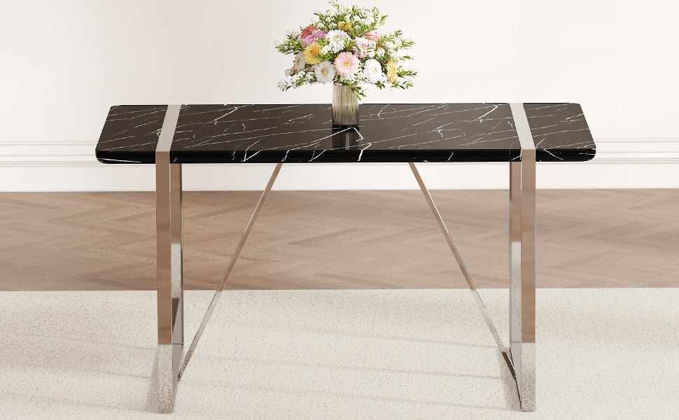 A Rustic Industrial Rectangular Mdf Black Dining Table For 4 6 People, With A 1.5 "Thick Mdf Desktop And Electroplated Metal Legs, Used For Writing Tables, Kitchens, Terraces, Dining